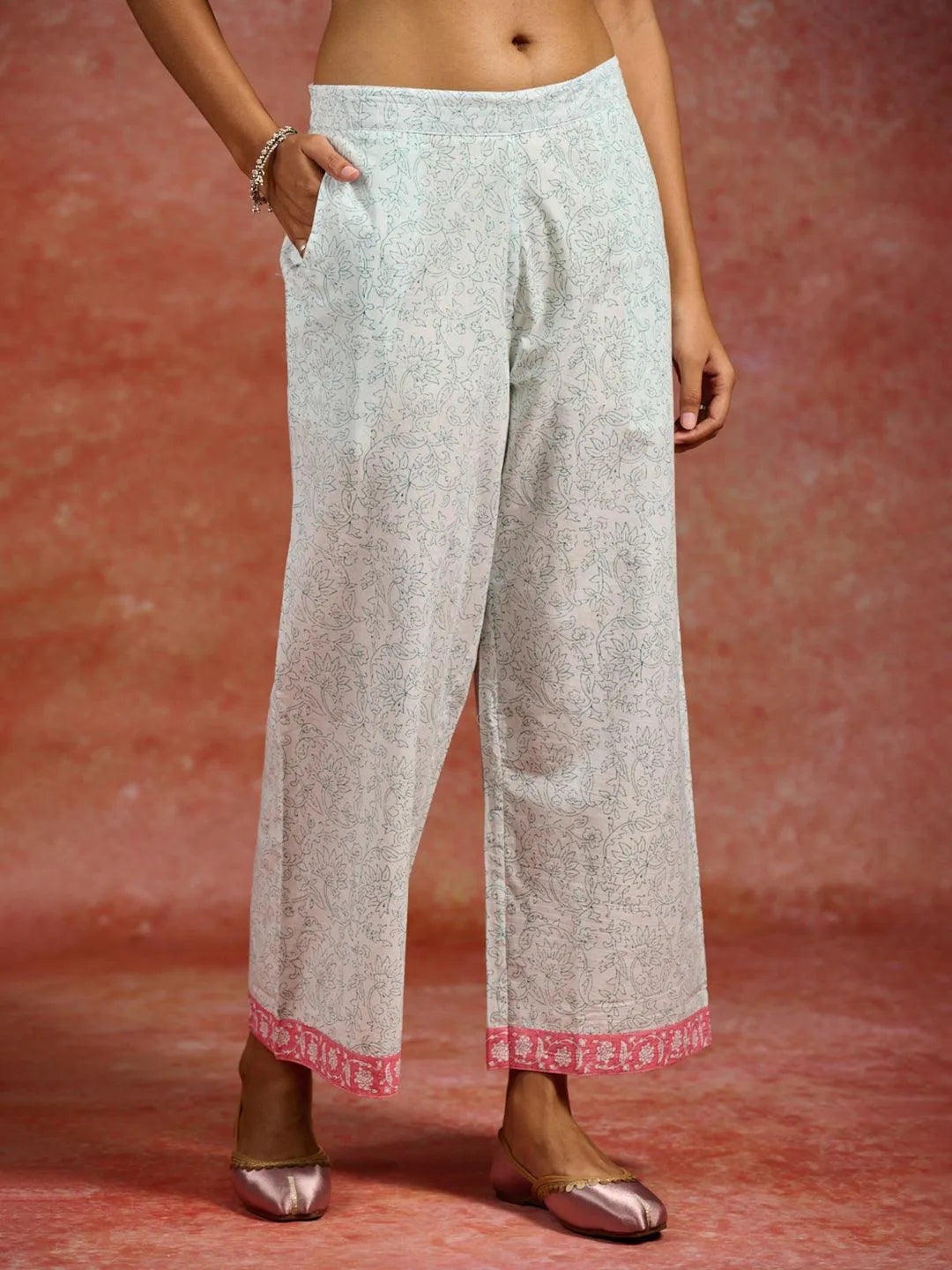 Anouk Peach Printed Cotton A-Line Kurta With Palazzos & Dupatta