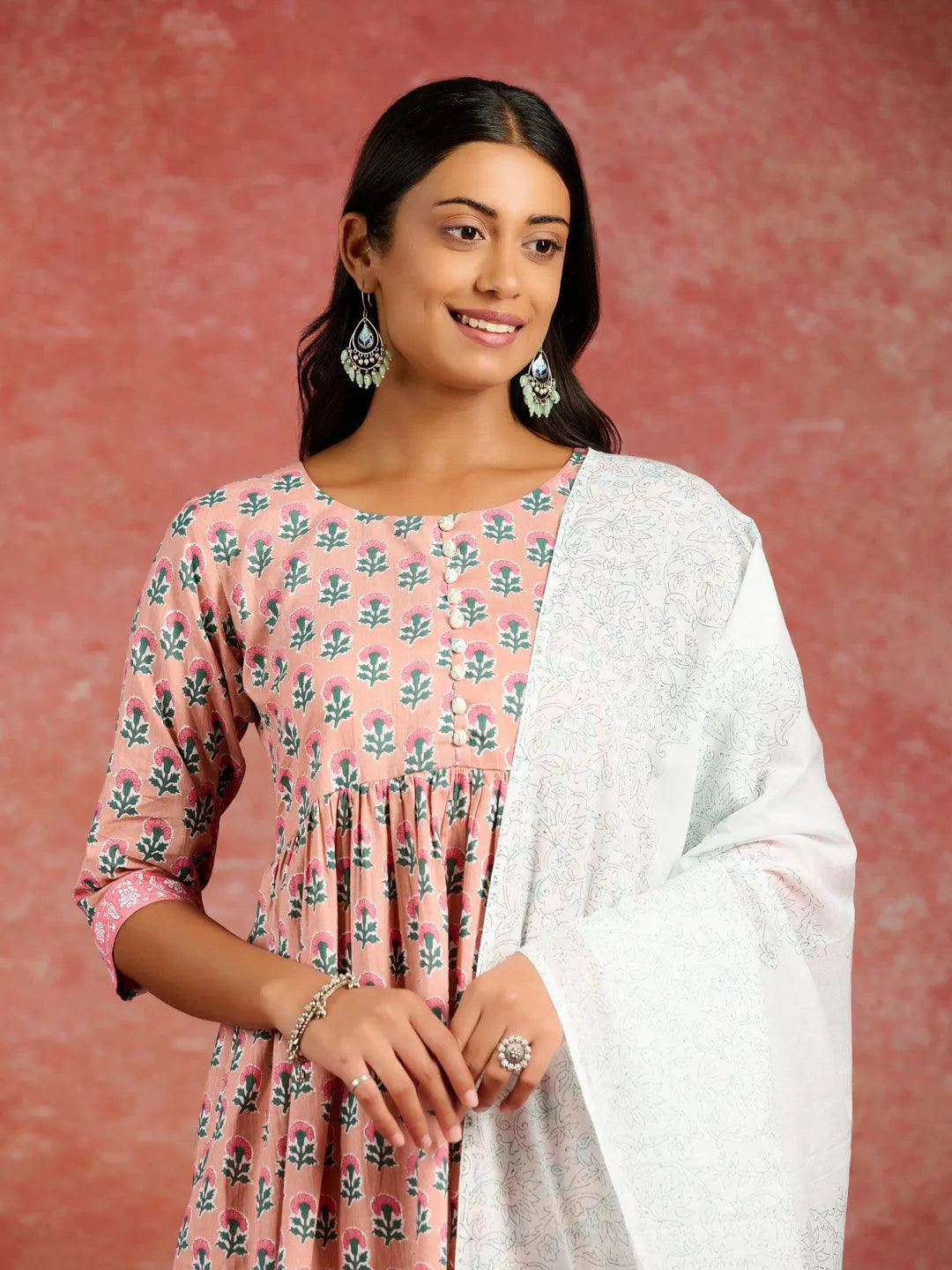 Anouk Peach Printed Cotton A-Line Kurta With Palazzos & Dupatta