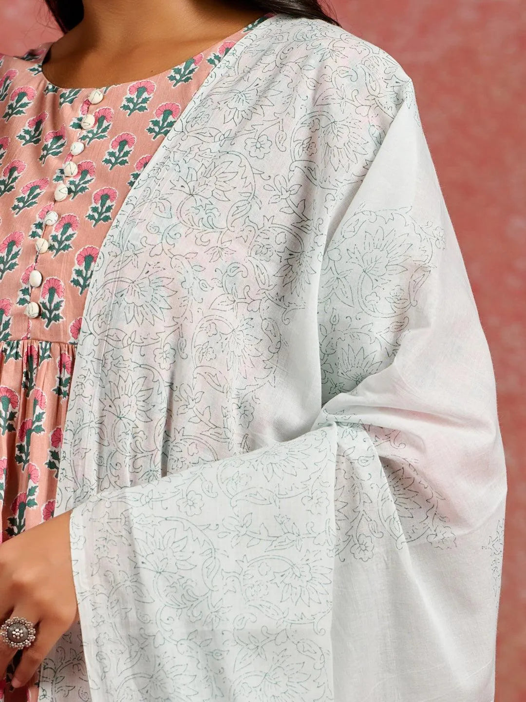Anouk Peach Printed Cotton A-Line Kurta With Palazzos & Dupatta