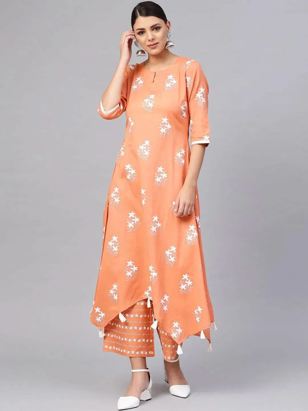 Anouk Peach Printed Cotton A-Line Kurta With Palazzos