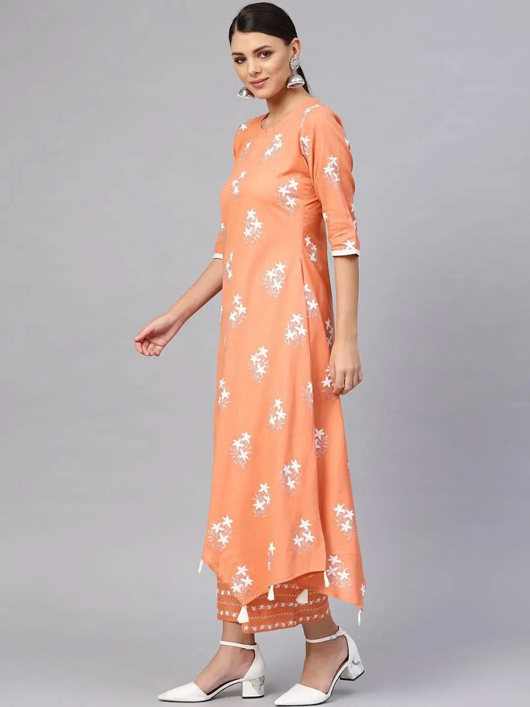 Anouk Peach Printed Cotton A-Line Kurta With Palazzos