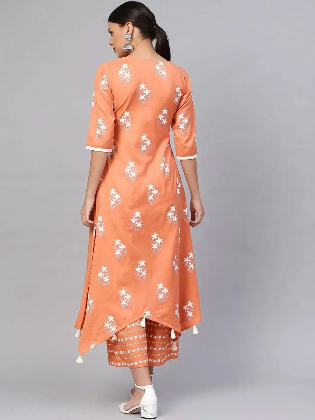 Anouk Peach Printed Cotton A-Line Kurta With Palazzos