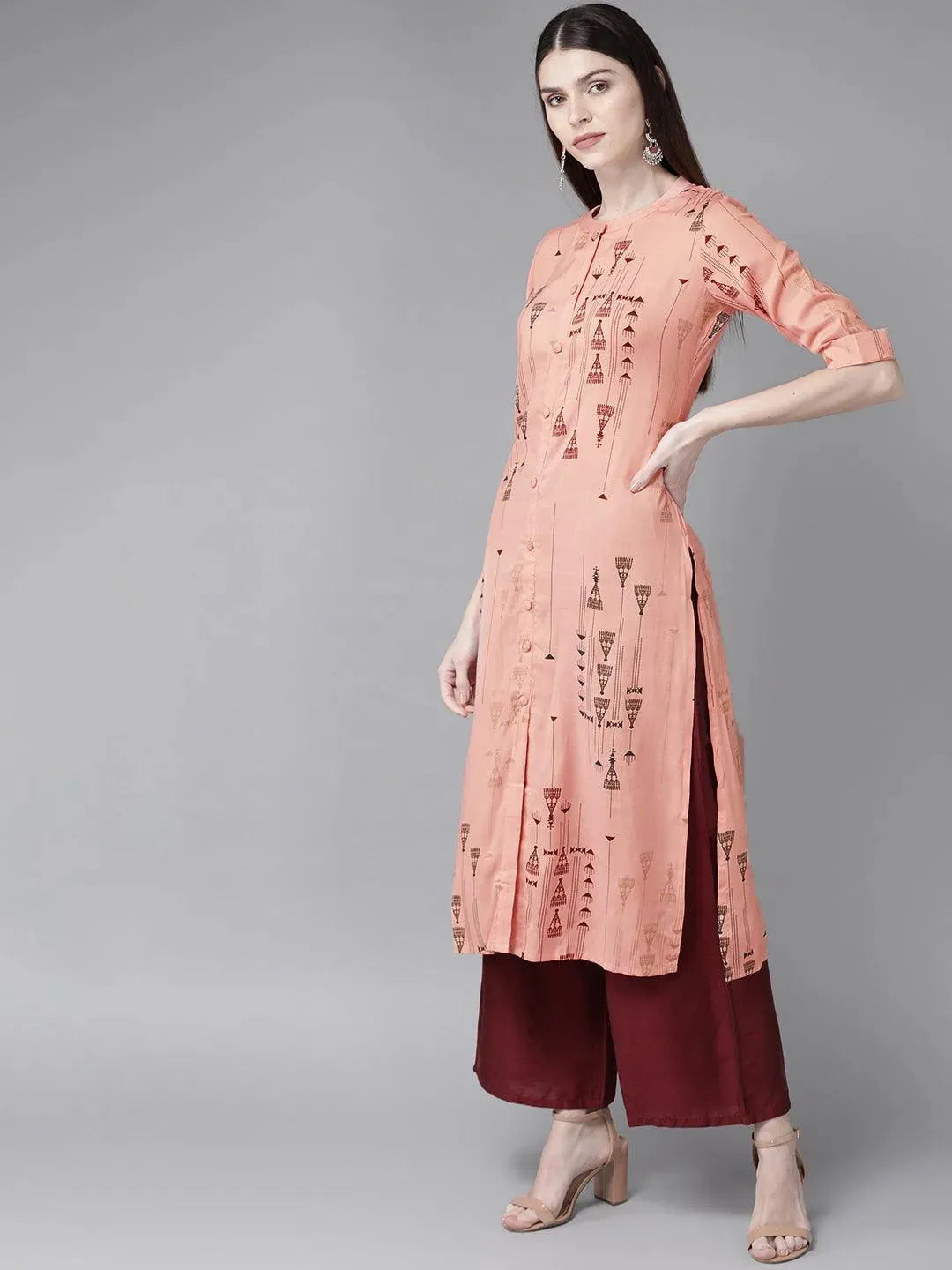 Anouk Peach Printed Rayon Kurta