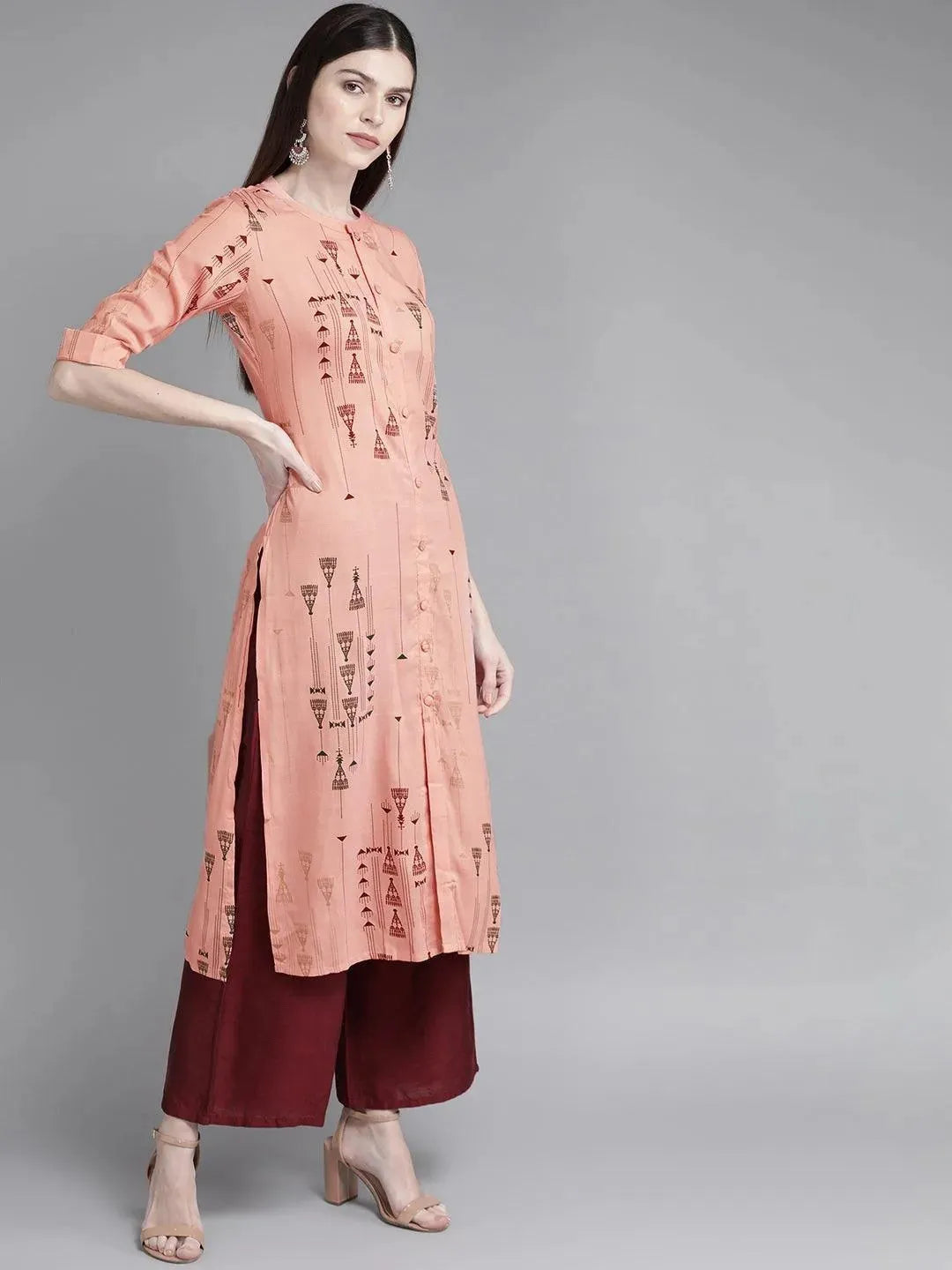 Anouk Peach Printed Rayon Kurta