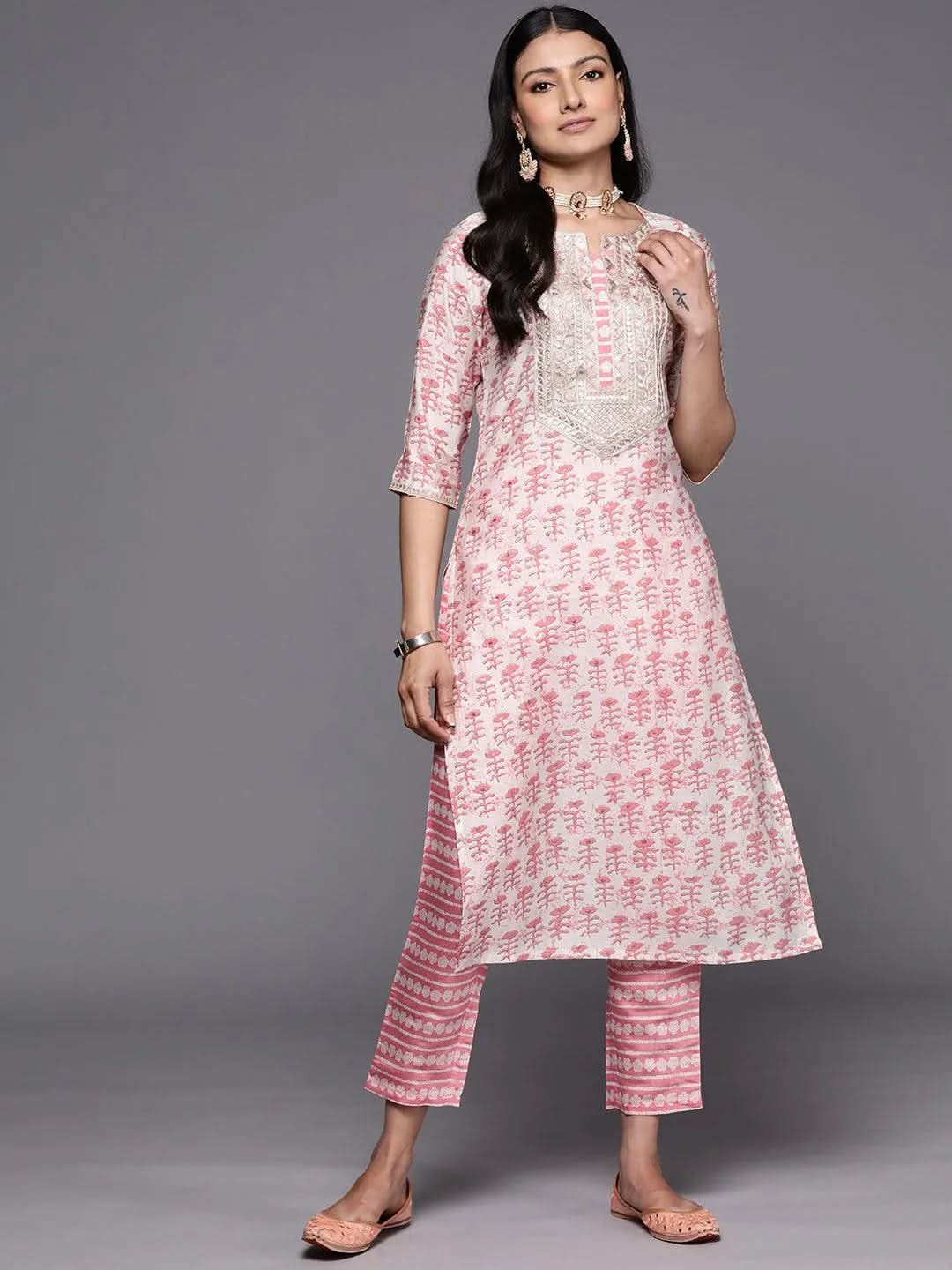 Anouk Peach Printed Silk Straight Kurta With Trousers