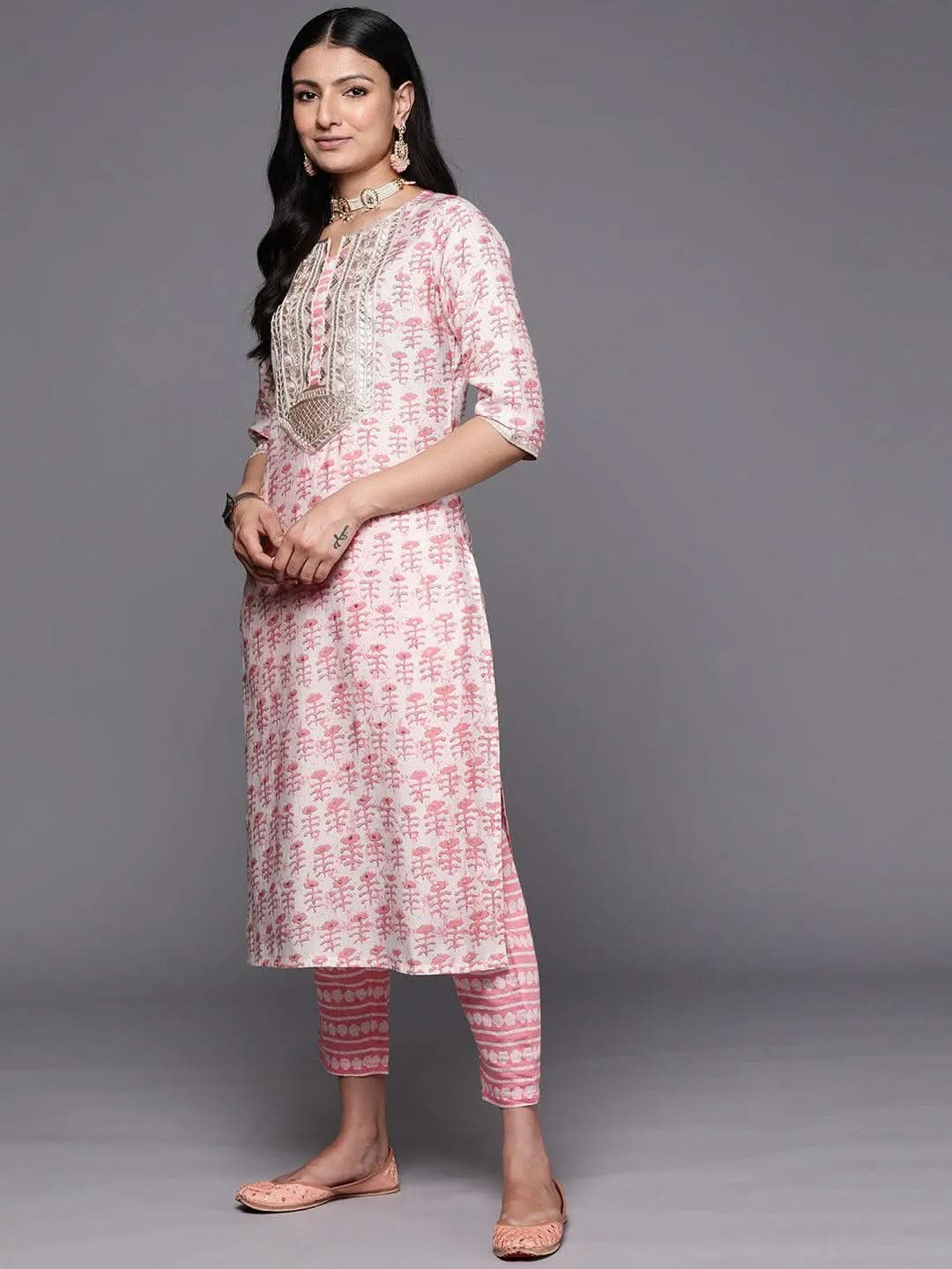 Anouk Peach Printed Silk Straight Kurta With Trousers