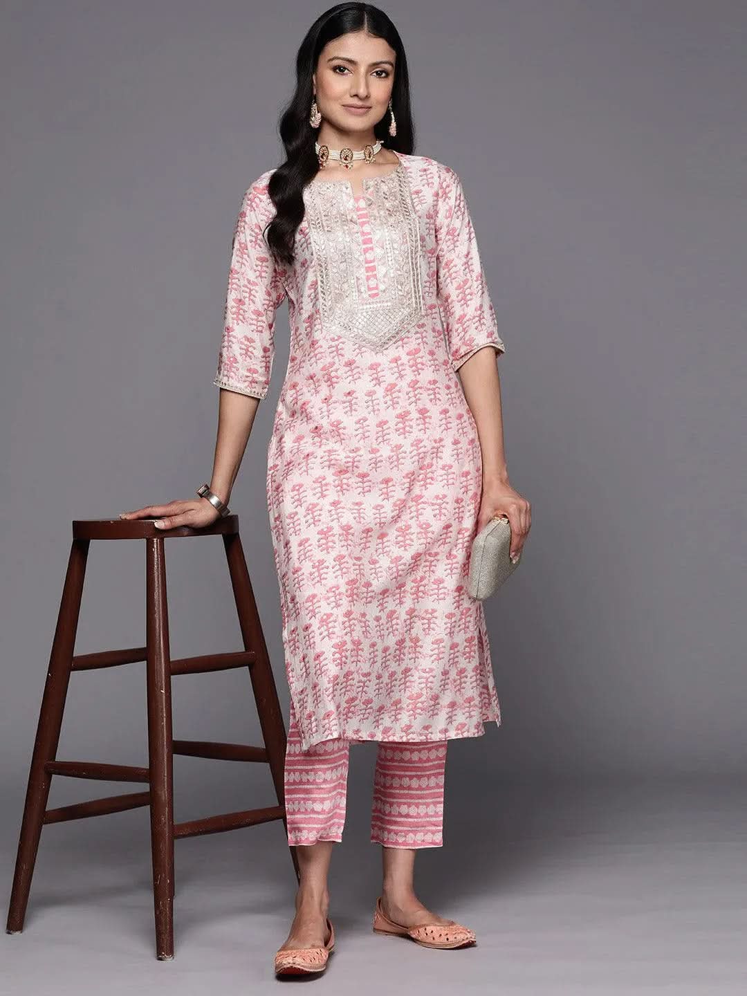 Anouk Peach Printed Silk Straight Kurta With Trousers