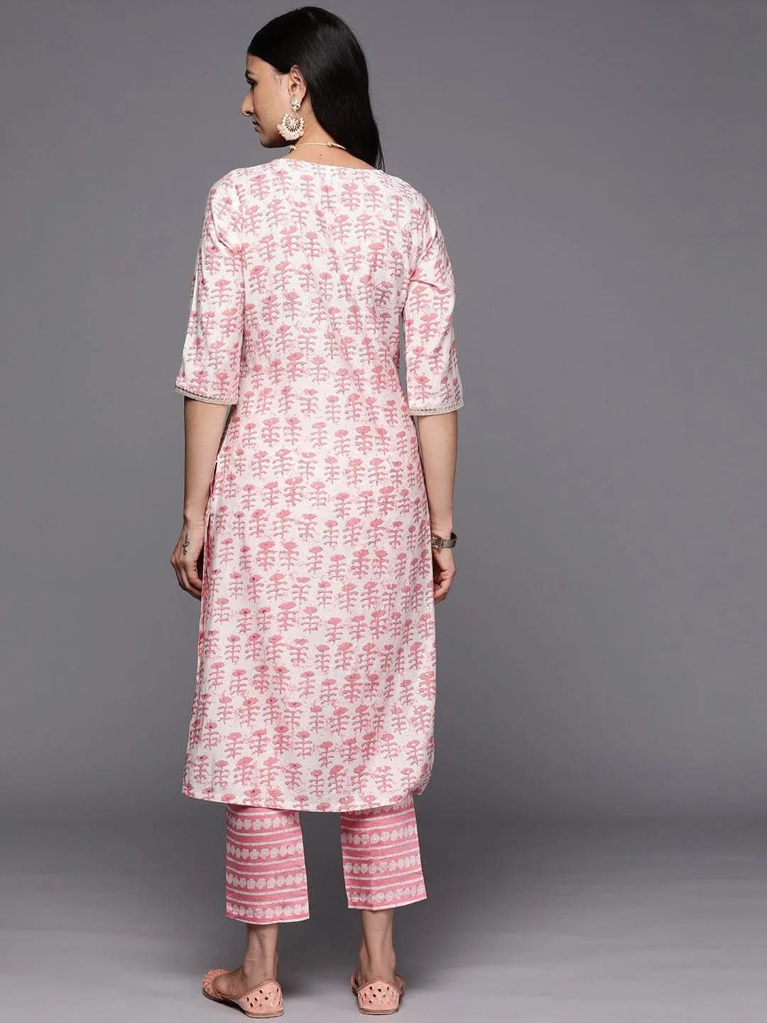 Anouk Peach Printed Silk Straight Kurta With Trousers