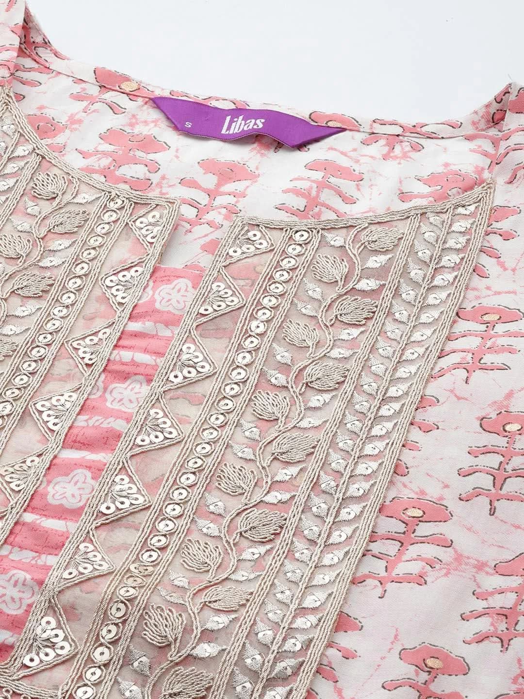 Anouk Peach Printed Silk Straight Kurta With Trousers