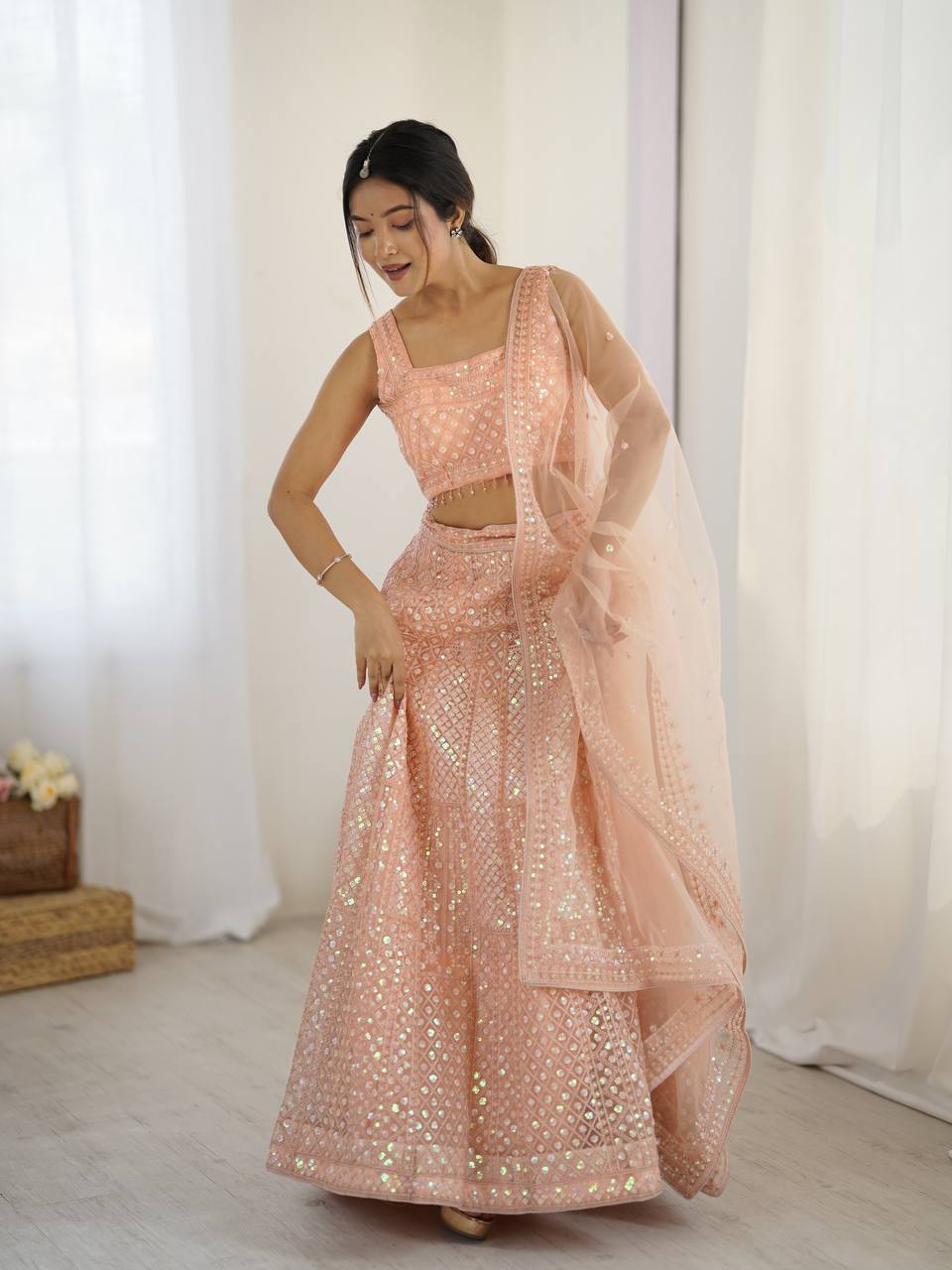 Peach Rainbow Sequins & Dori Embroidered Net Lehenga Set with Tassel Border – 3.5 Meter Flair