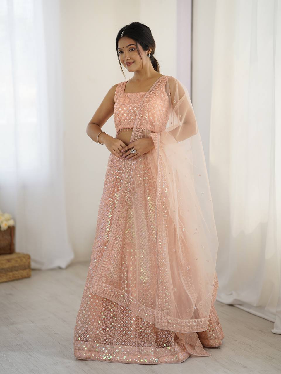 Peach Rainbow Sequins & Dori Embroidered Net Lehenga Set with Tassel Border – 3.5 Meter Flair