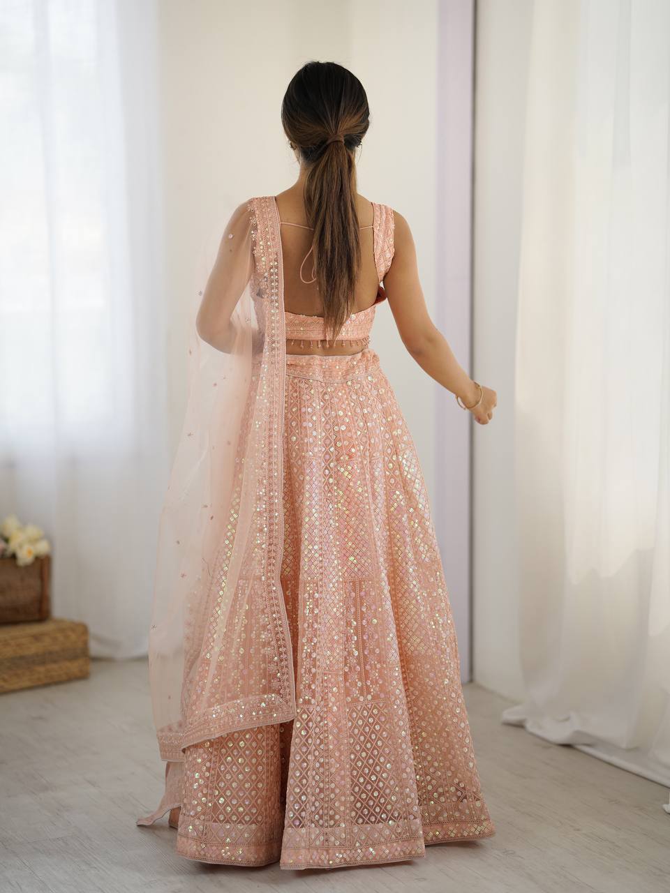 Peach Rainbow Sequins & Dori Embroidered Net Lehenga Set with Tassel Border – 3.5 Meter Flair