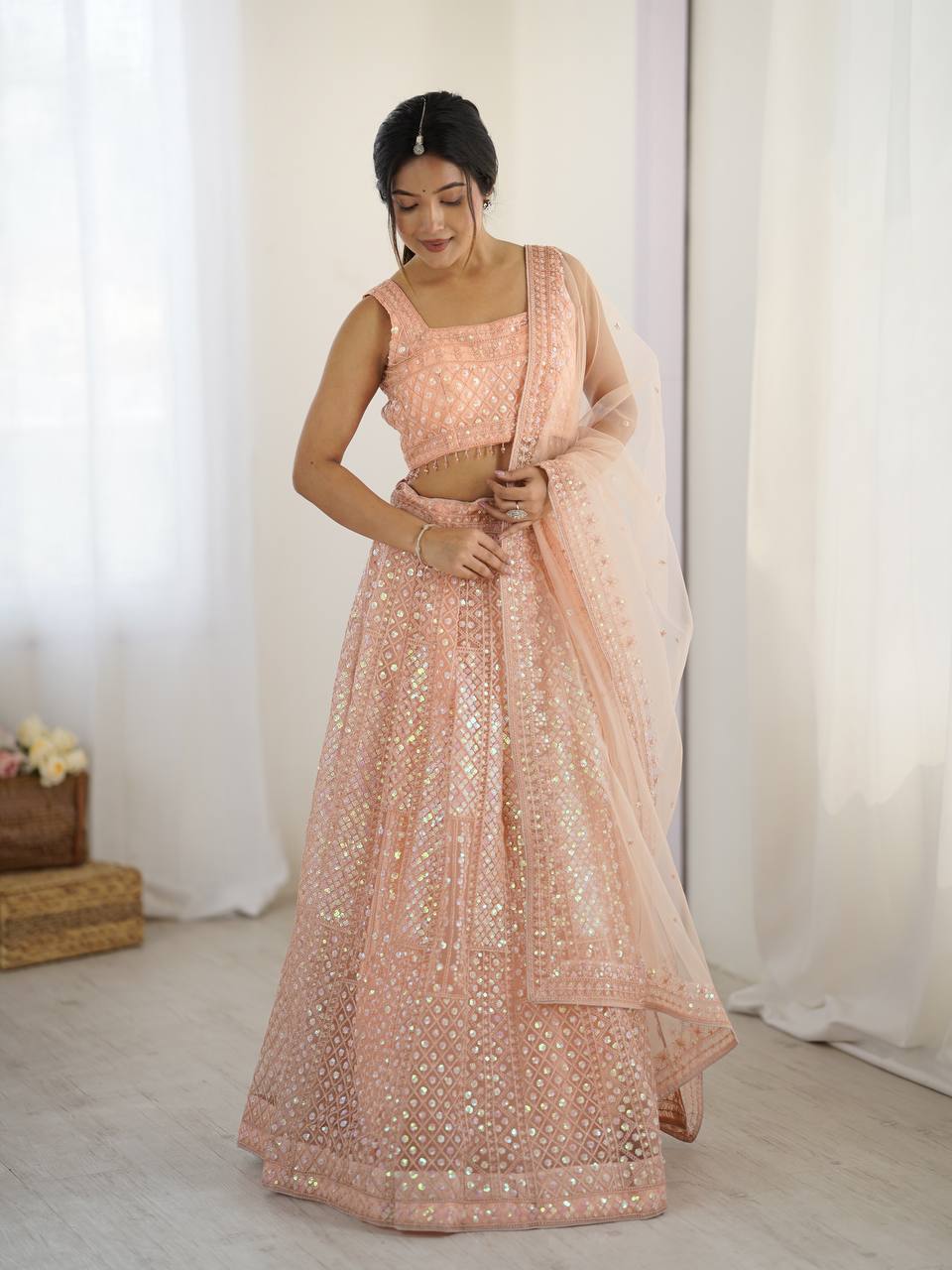 Peach Rainbow Sequins & Dori Embroidered Net Lehenga Set with Tassel Border – 3.5 Meter Flair