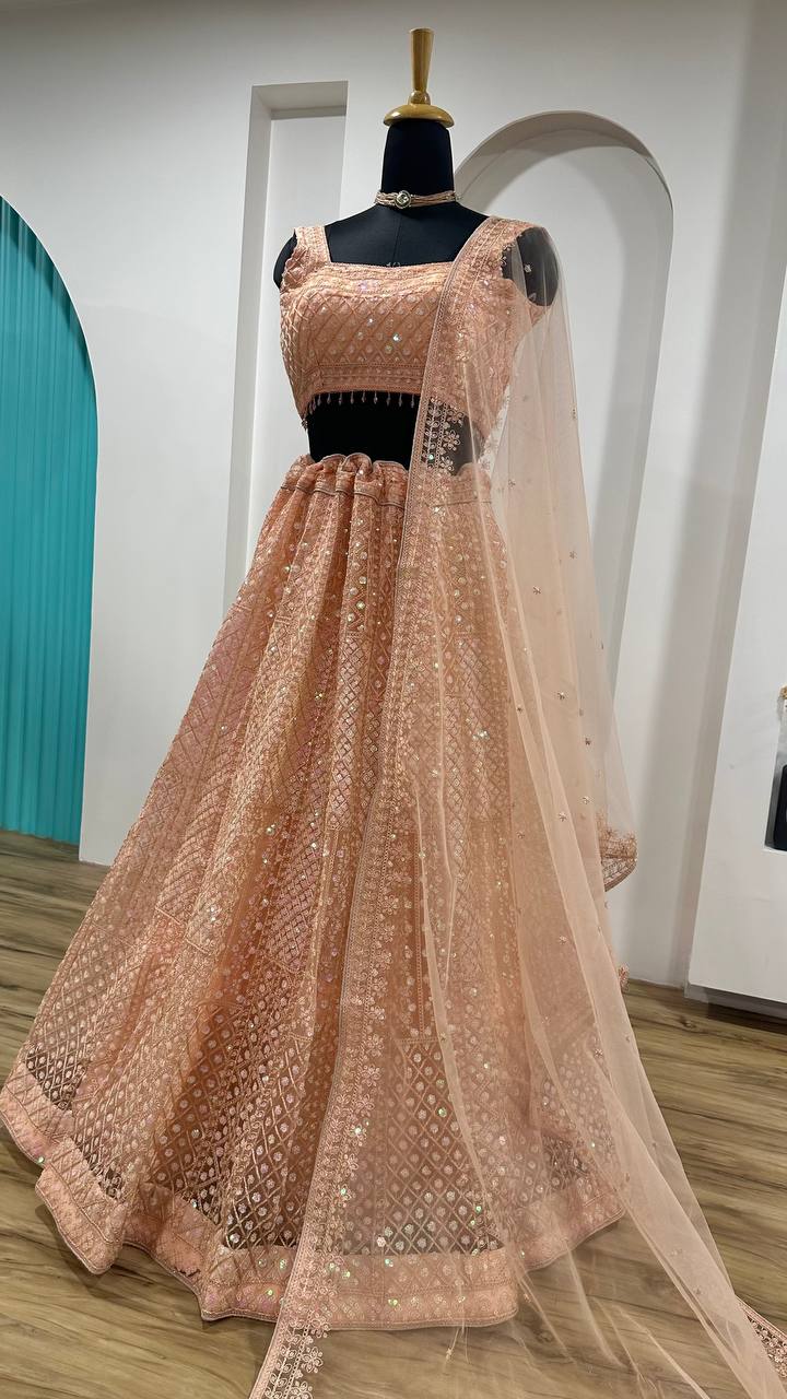 Peach Rainbow Sequins & Dori Embroidered Net Lehenga Set with Tassel Border – 3.5 Meter Flair