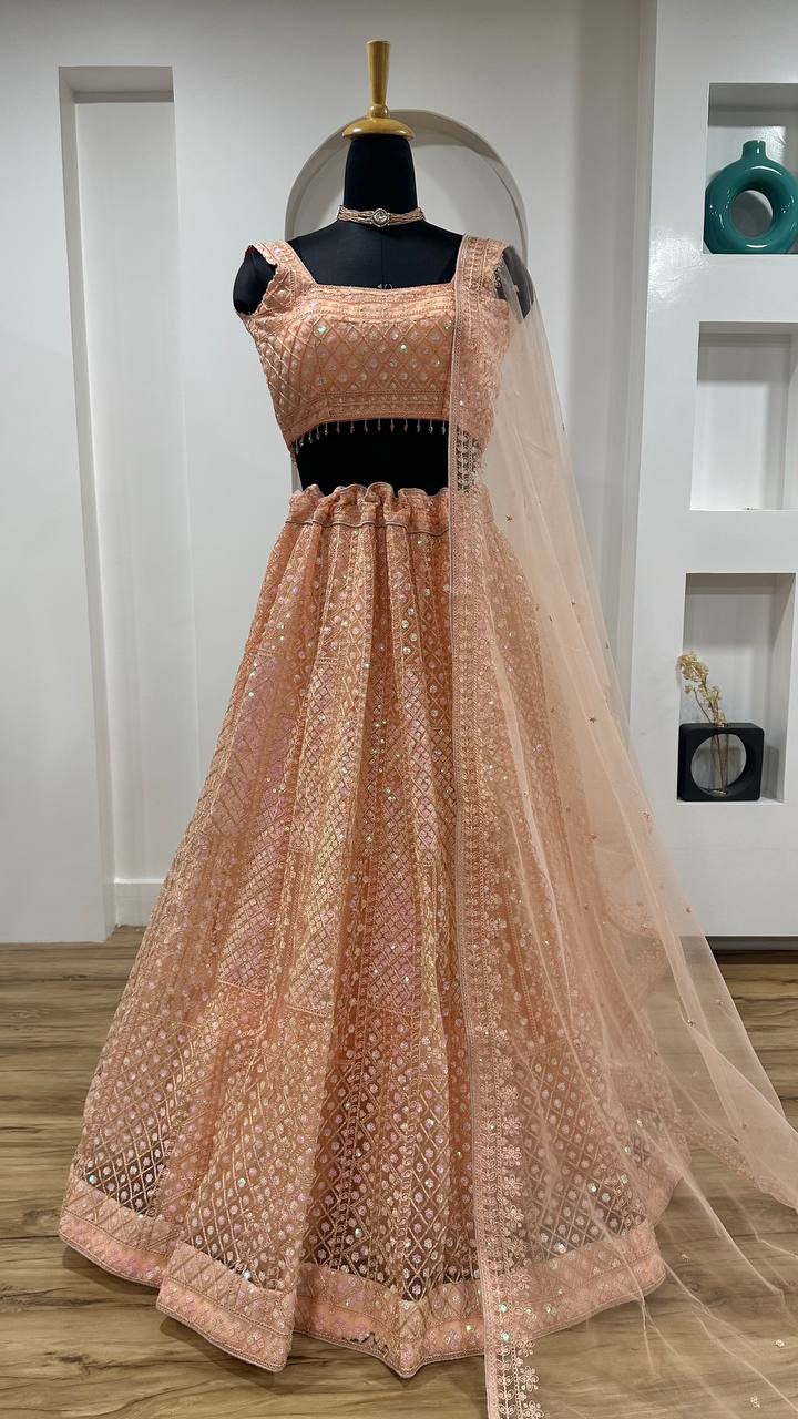 Peach Rainbow Sequins & Dori Embroidered Net Lehenga Set with Tassel Border – 3.5 Meter Flair
