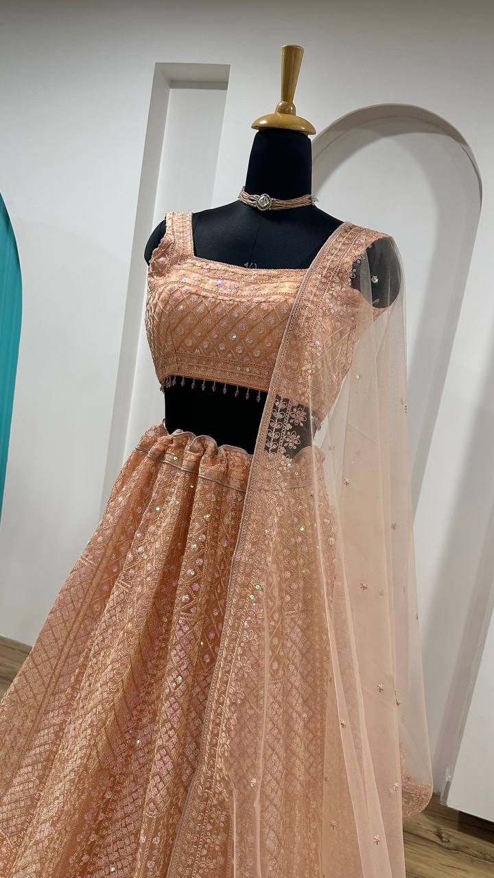 Peach Rainbow Sequins & Dori Embroidered Net Lehenga Set with Tassel Border – 3.5 Meter Flair