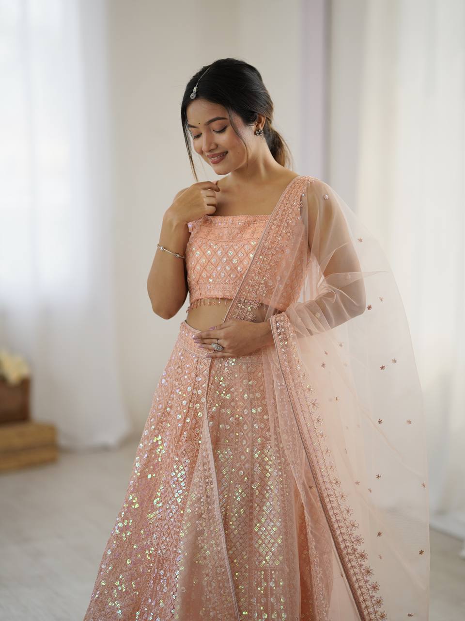 Peach Rainbow Sequins & Dori Embroidered Net Lehenga Set with Tassel Border – 3.5 Meter Flair