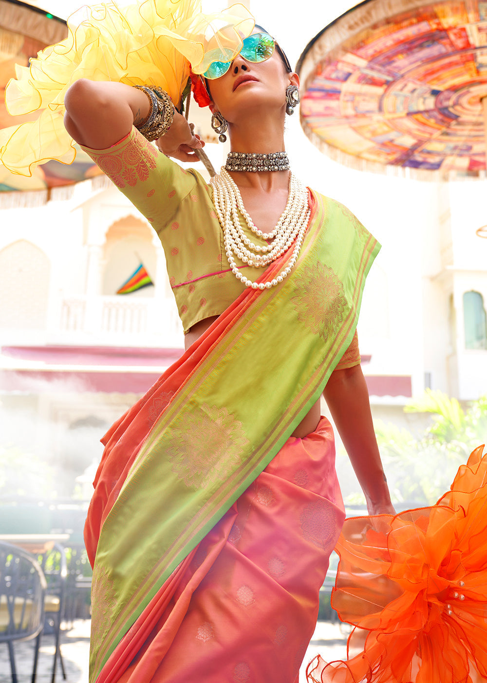 Peach Regal Banarasi Silk Saree – Vintage Elegance with Intricate Detailing
