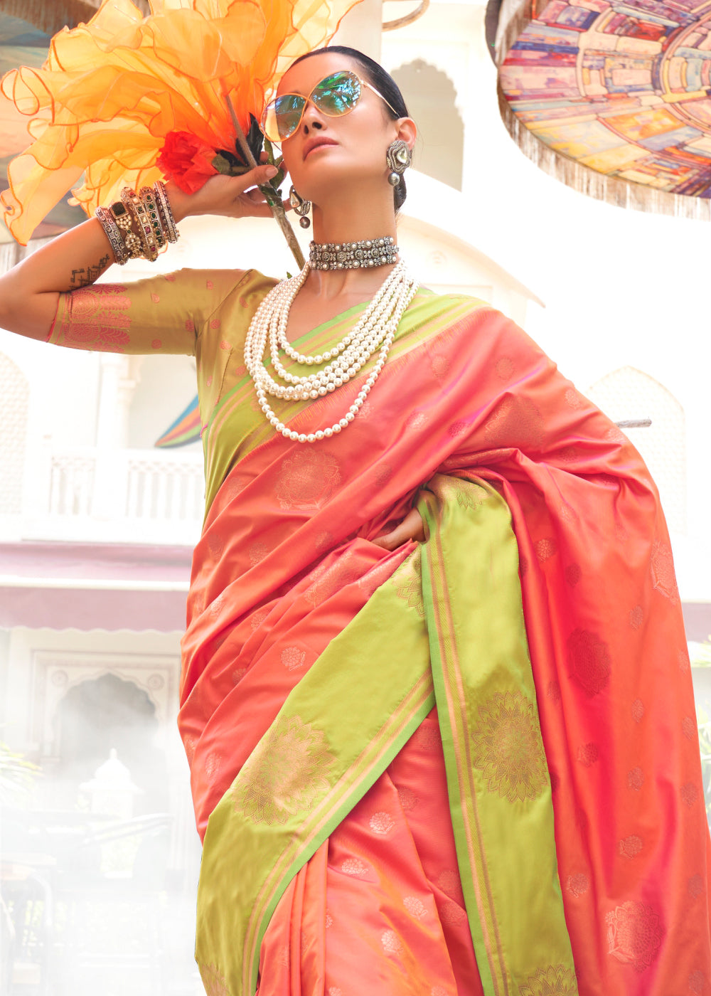 Peach Regal Banarasi Silk Saree – Vintage Elegance with Intricate Detailing