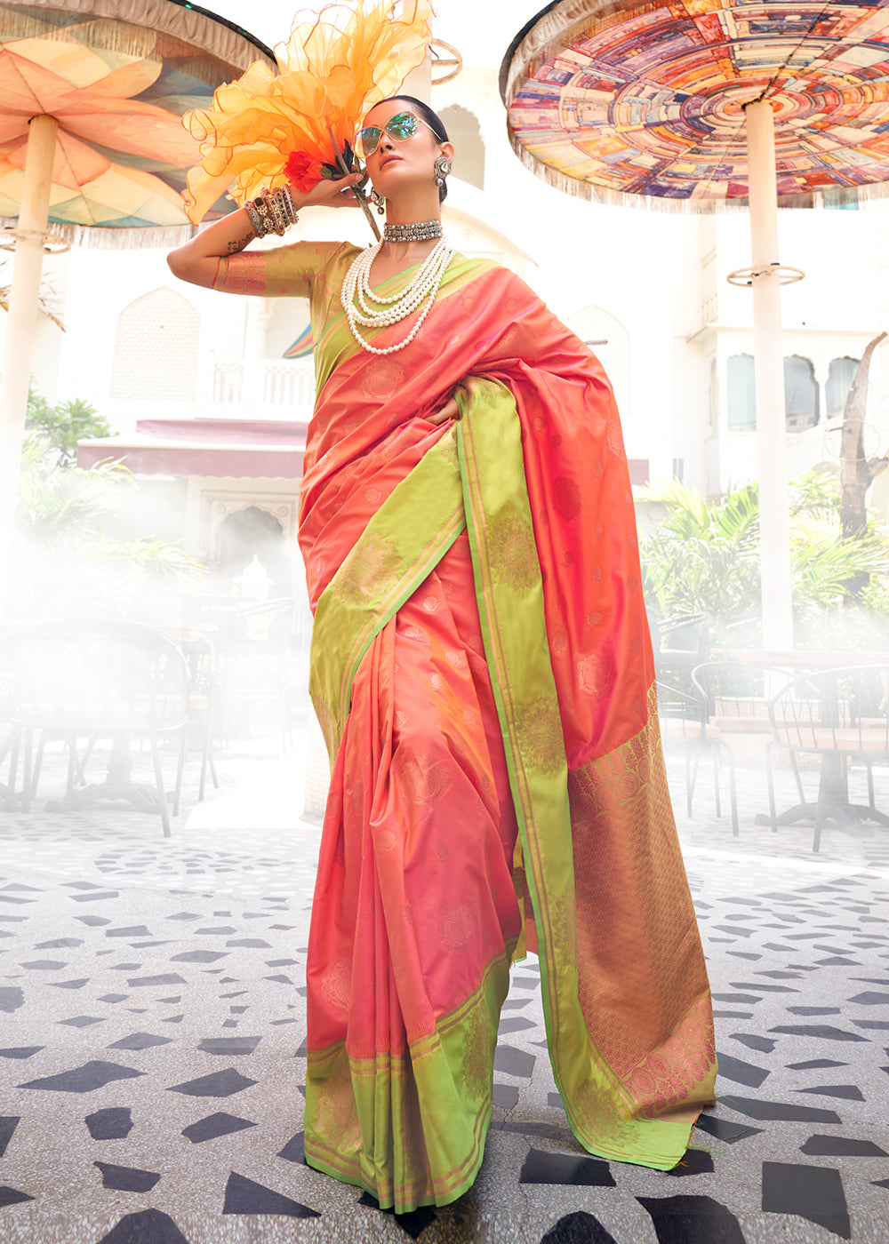 Peach Regal Banarasi Silk Saree – Vintage Elegance with Intricate Detailing