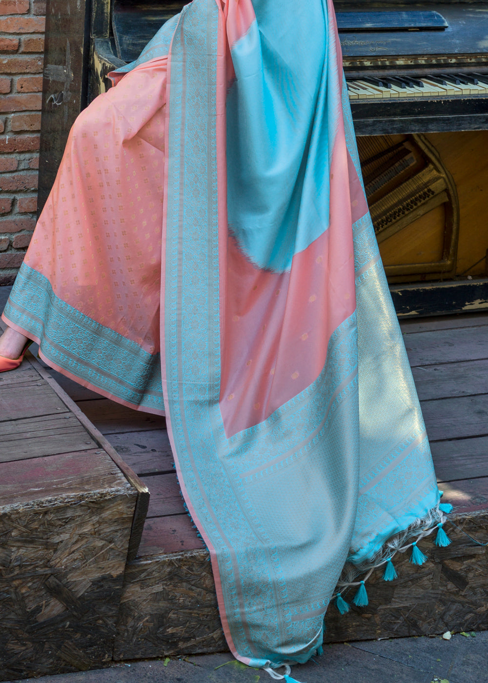 Peach Regal Banarasi Soft Silk Saree with Intricate Timeless Design & Blouse Piece