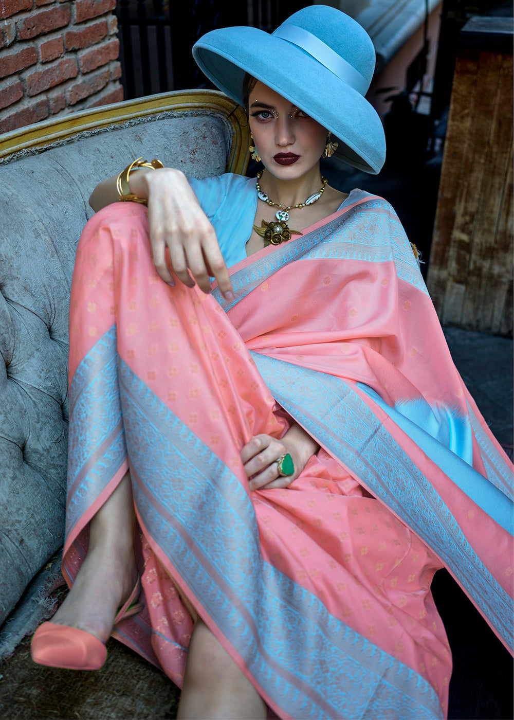 Peach Regal Banarasi Soft Silk Saree with Intricate Timeless Design & Blouse Piece