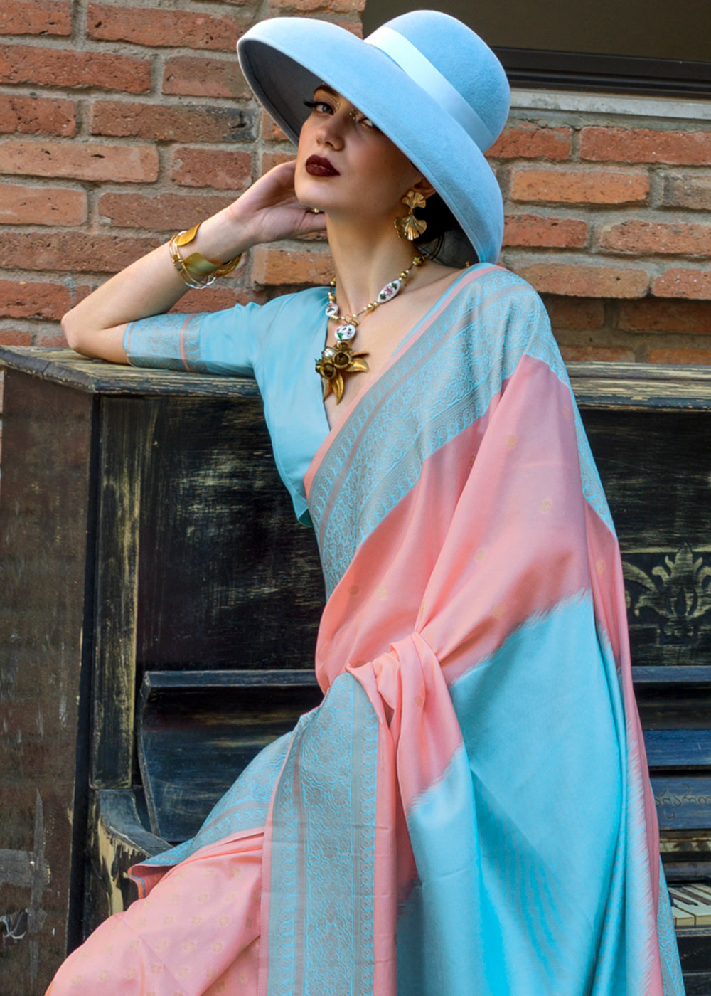 Peach Regal Banarasi Soft Silk Saree with Intricate Timeless Design & Blouse Piece