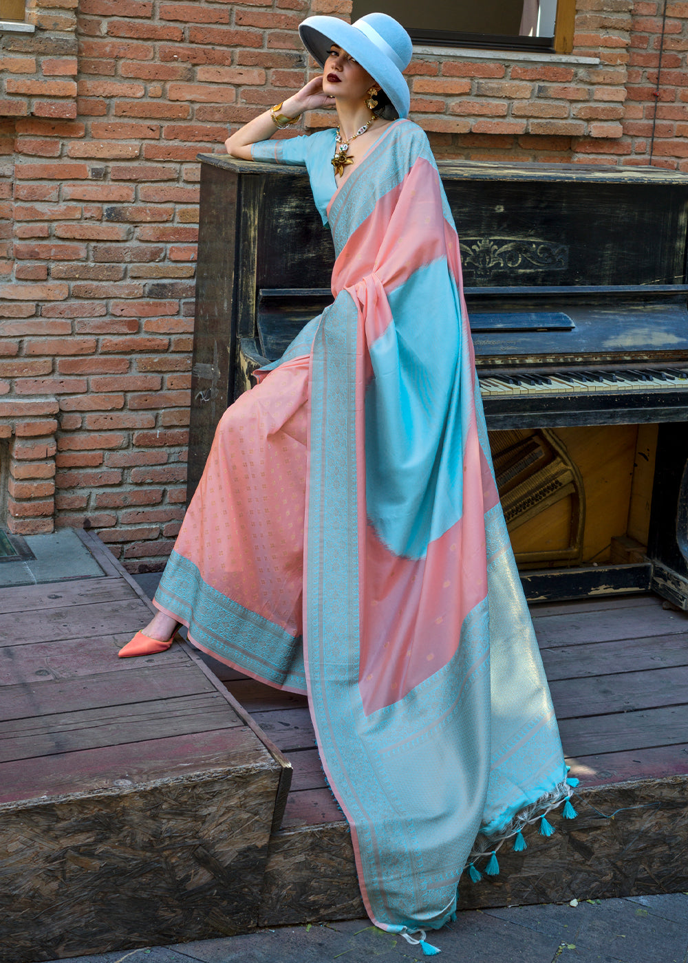 Peach Regal Banarasi Soft Silk Saree with Intricate Timeless Design & Blouse Piece