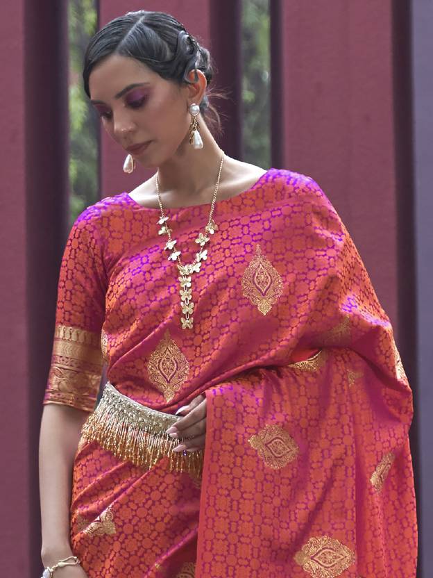 Peach Regal Woven Pure Silk Banarasi Saree