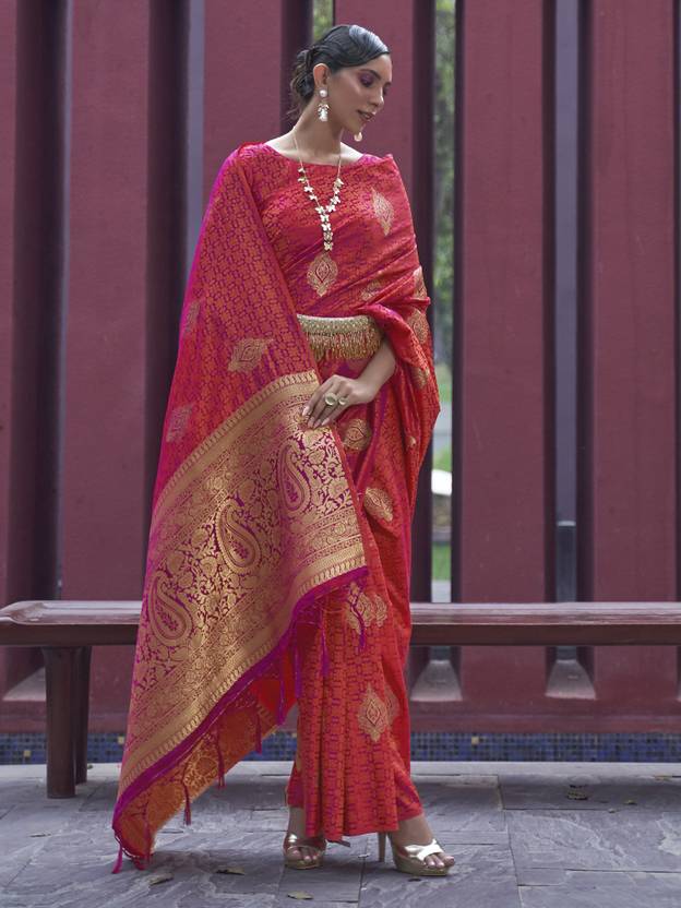 Peach Regal Woven Pure Silk Banarasi Saree