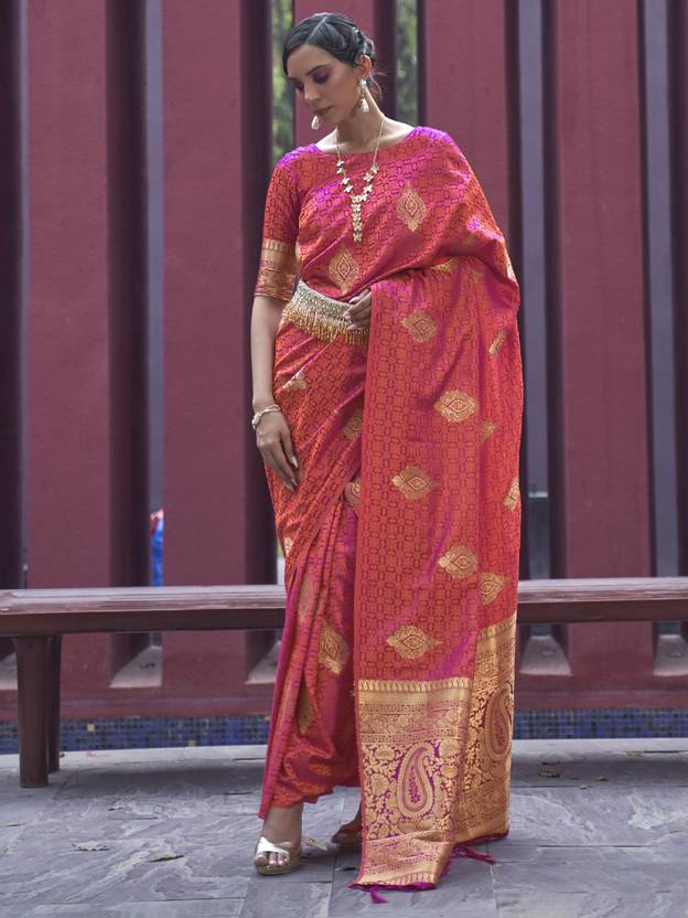 Peach Regal Woven Pure Silk Banarasi Saree