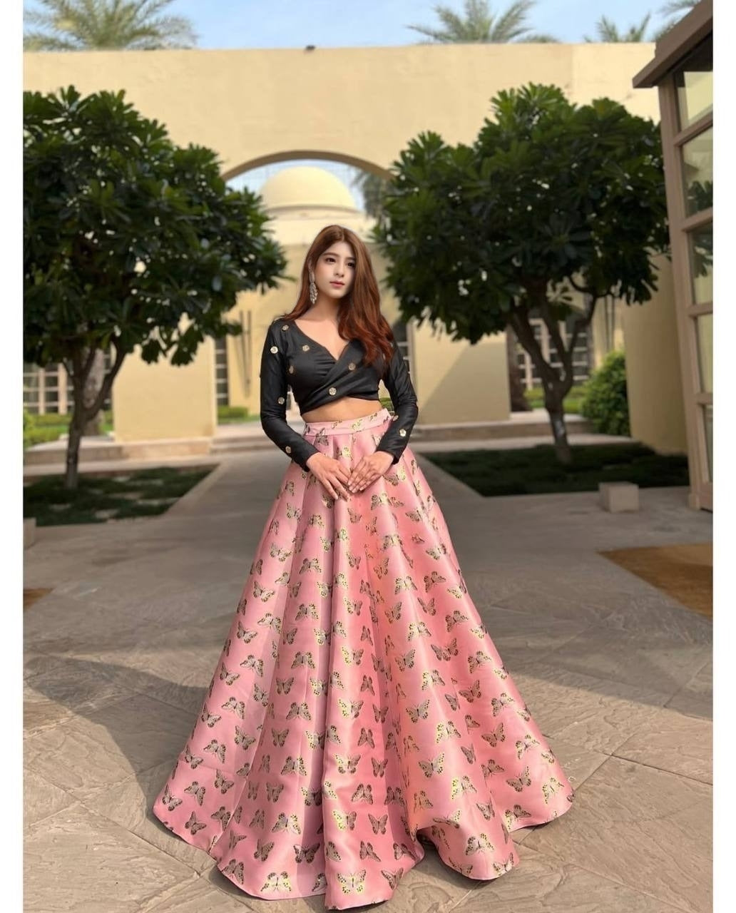 Peach Royal Digital Print Banarasi Zari Gota Silk Lehenga Set with Sequins Blouse