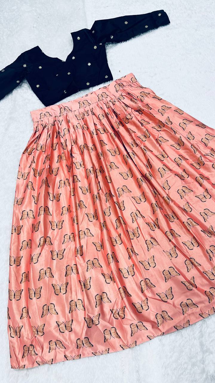 Peach Royal Digital Print Banarasi Zari Gota Silk Lehenga Set with Sequins Blouse