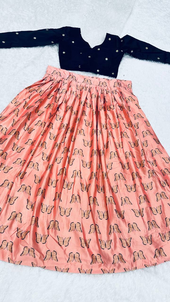 Peach Royal Digital Print Banarasi Zari Gota Silk Lehenga Set with Sequins Blouse