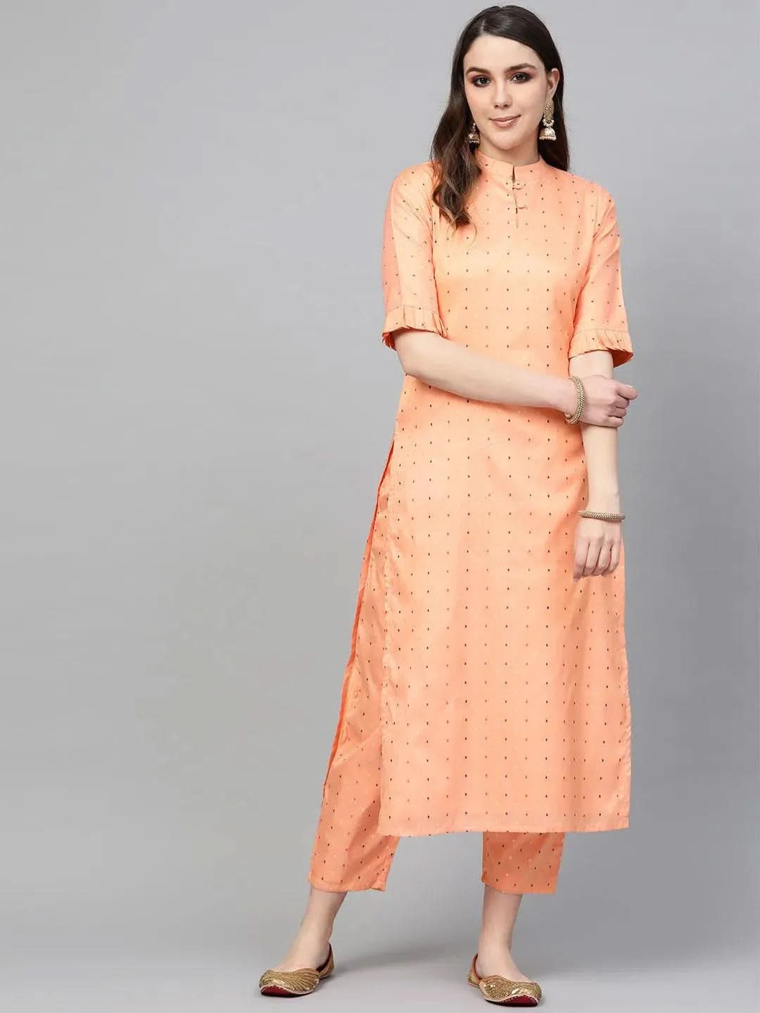 Anouk Peach Self Design Polyester Straight Kurta With Trousers