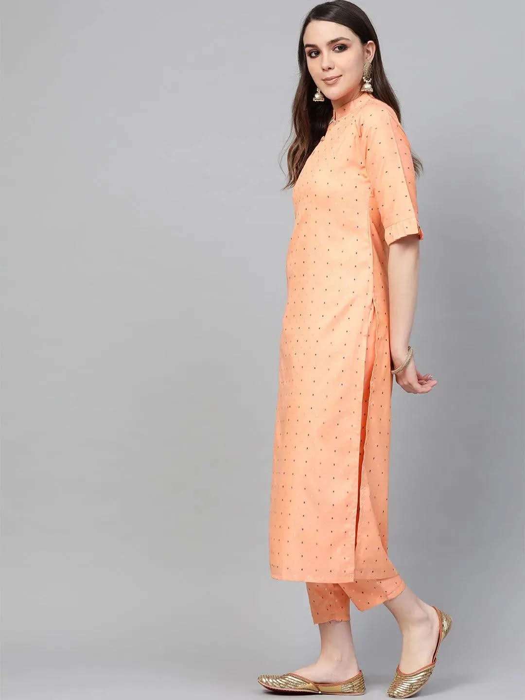 Anouk Peach Self Design Polyester Straight Kurta With Trousers