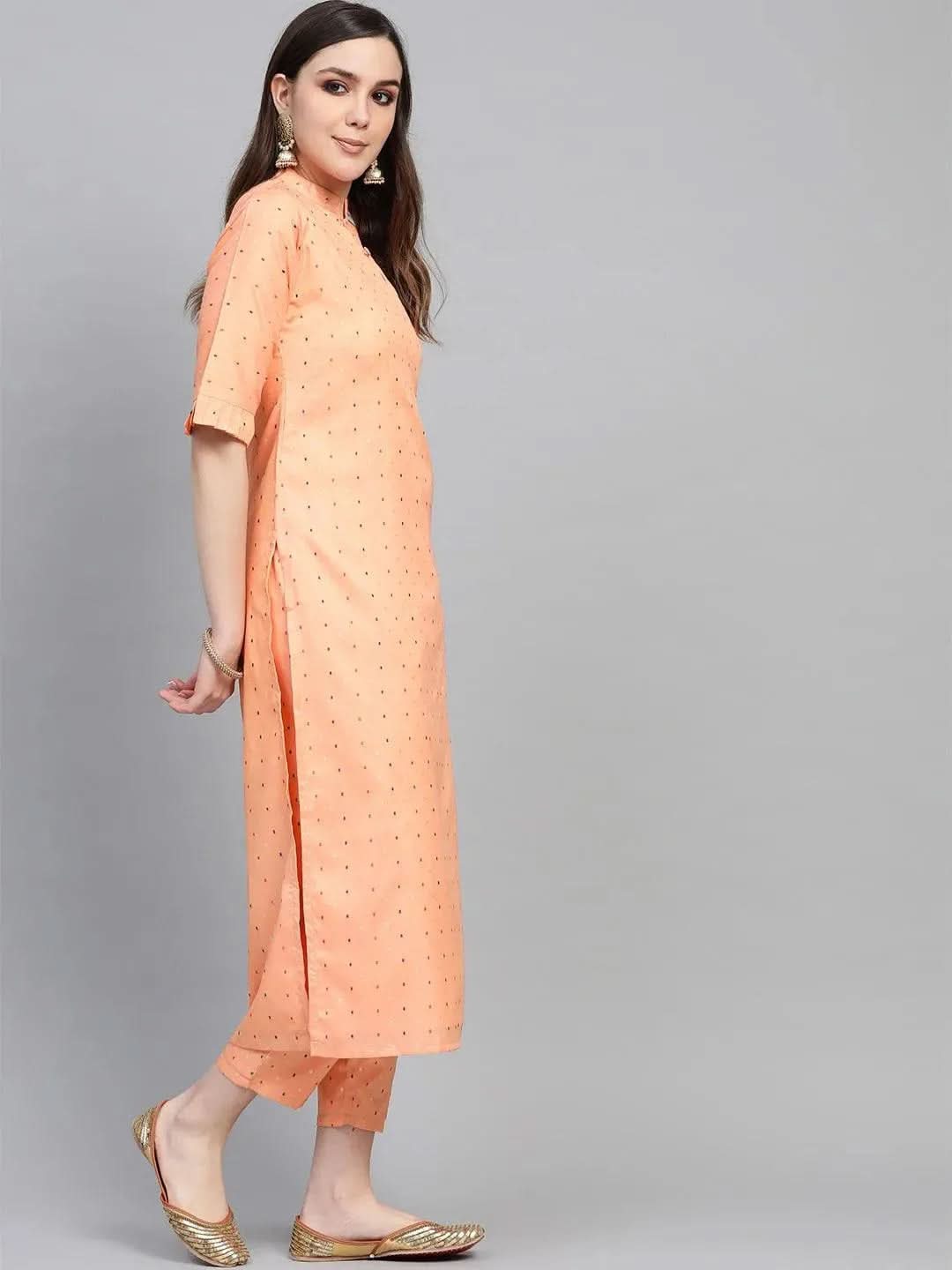 Anouk Peach Self Design Polyester Straight Kurta With Trousers