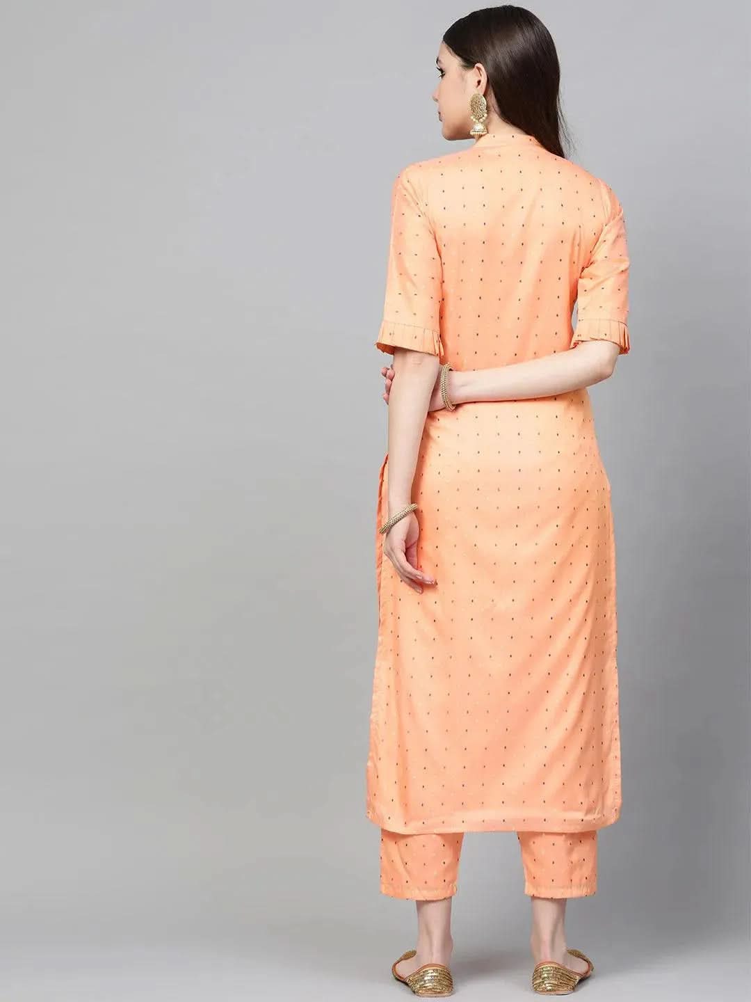 Anouk Peach Self Design Polyester Straight Kurta With Trousers