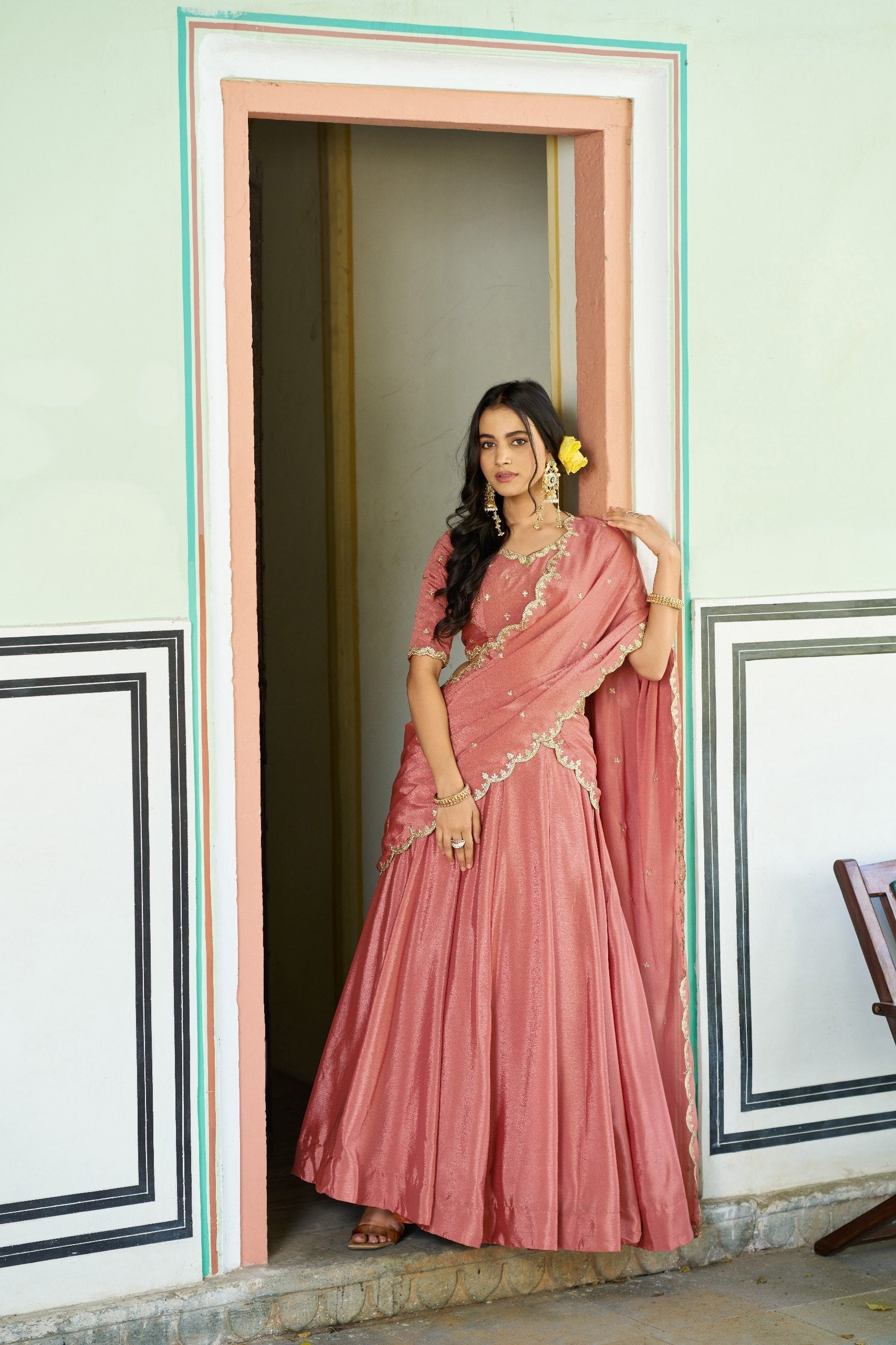 Peach Silk Embroidered Lehenga