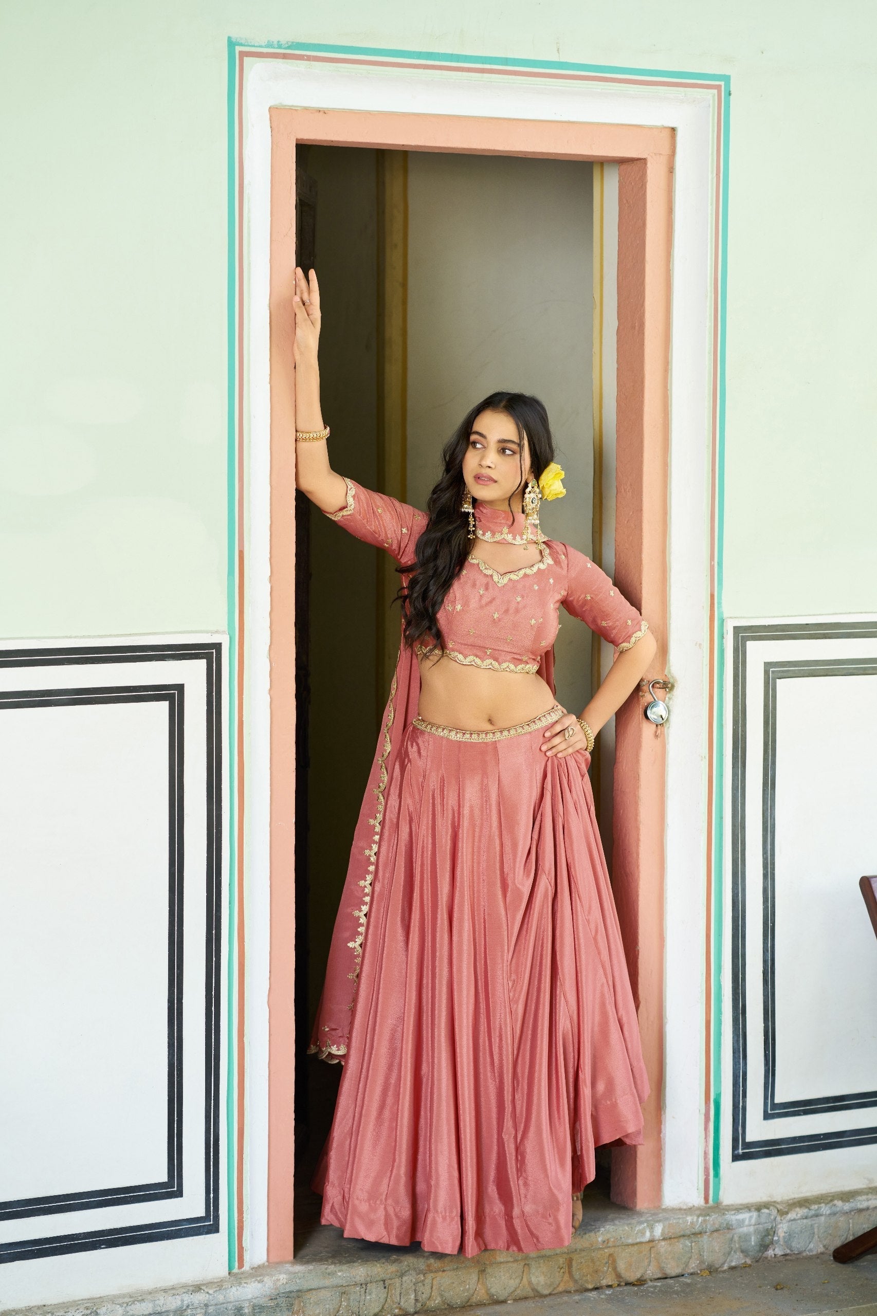 Peach Silk Embroidered Lehenga