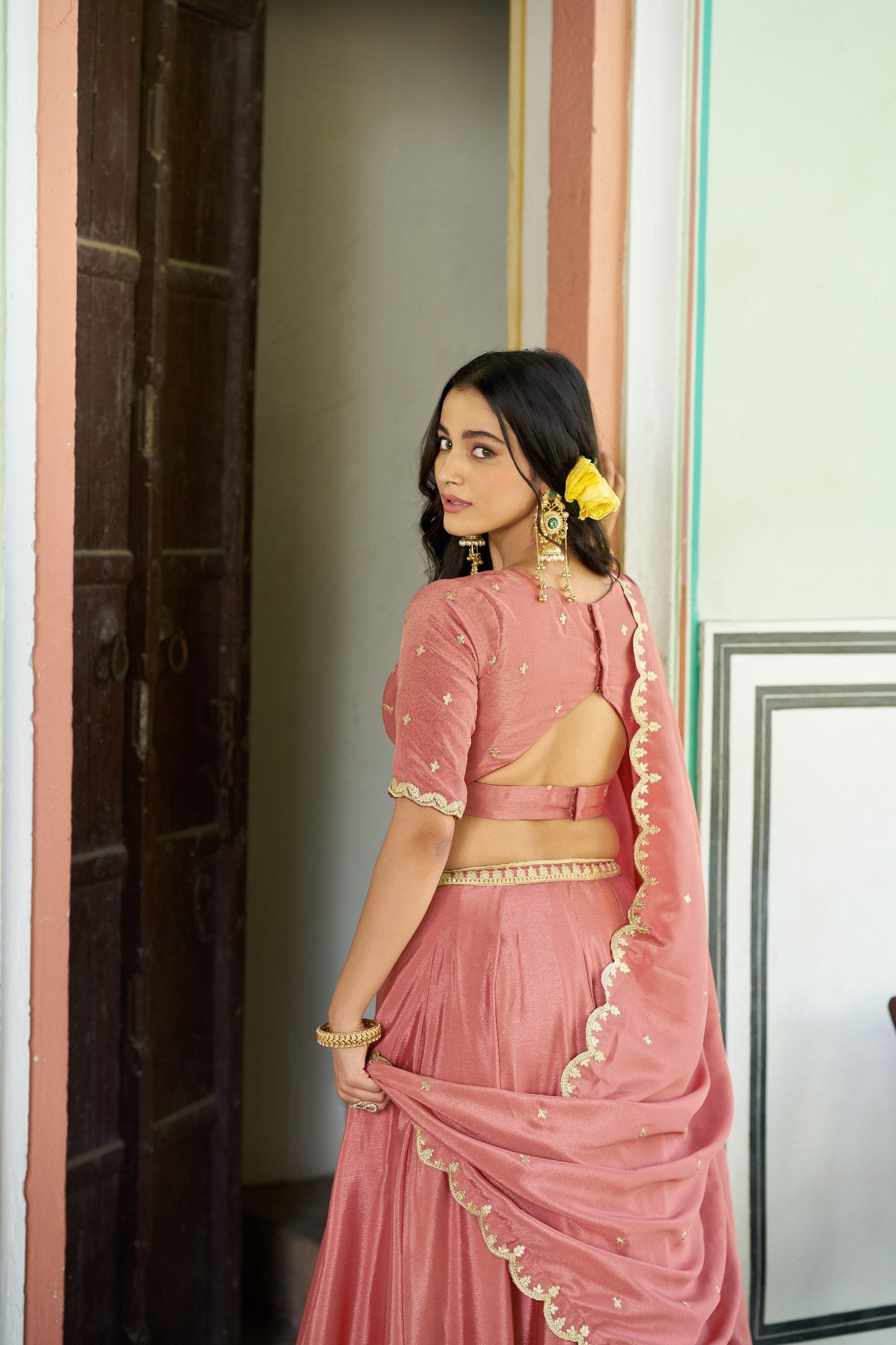Peach Silk Embroidered Lehenga