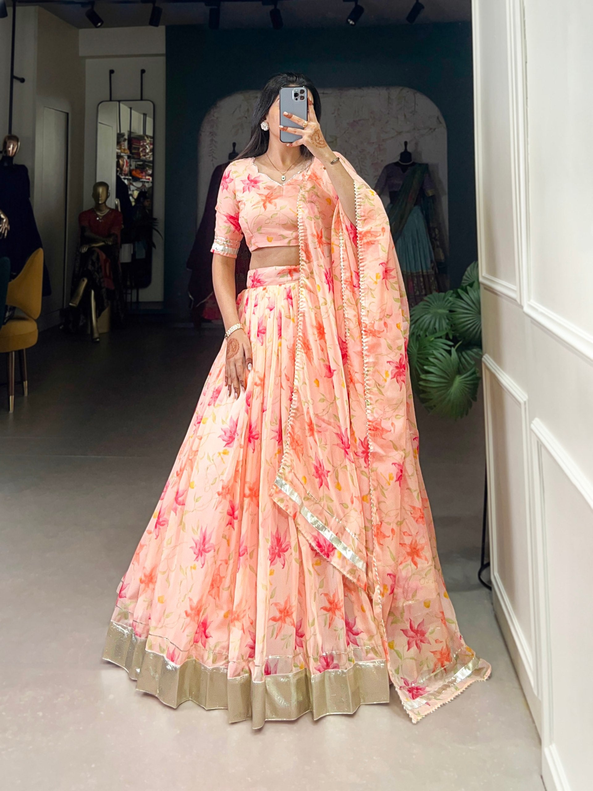 Peach Silken Blooms Tabby Silk Floral Print Lehenga with Lace Accents & Matching Dupatta