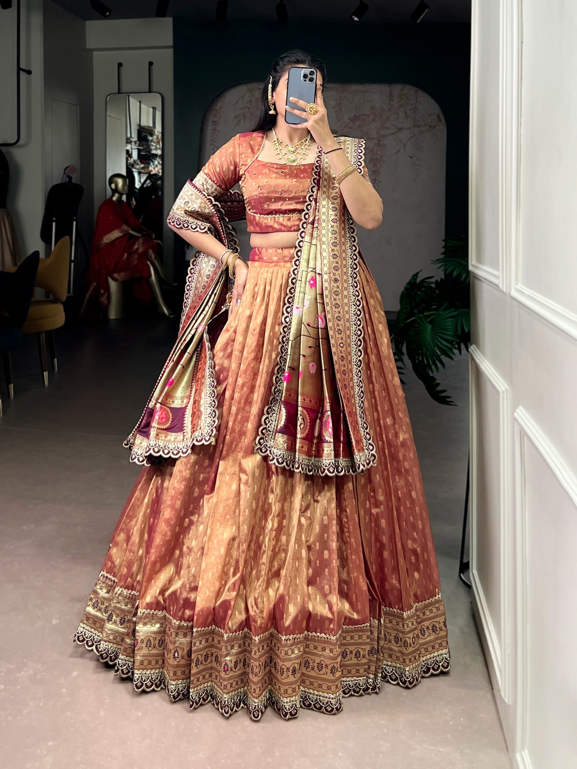 Peach Simmer Lehenga with Paithani Dupatta & Batwa