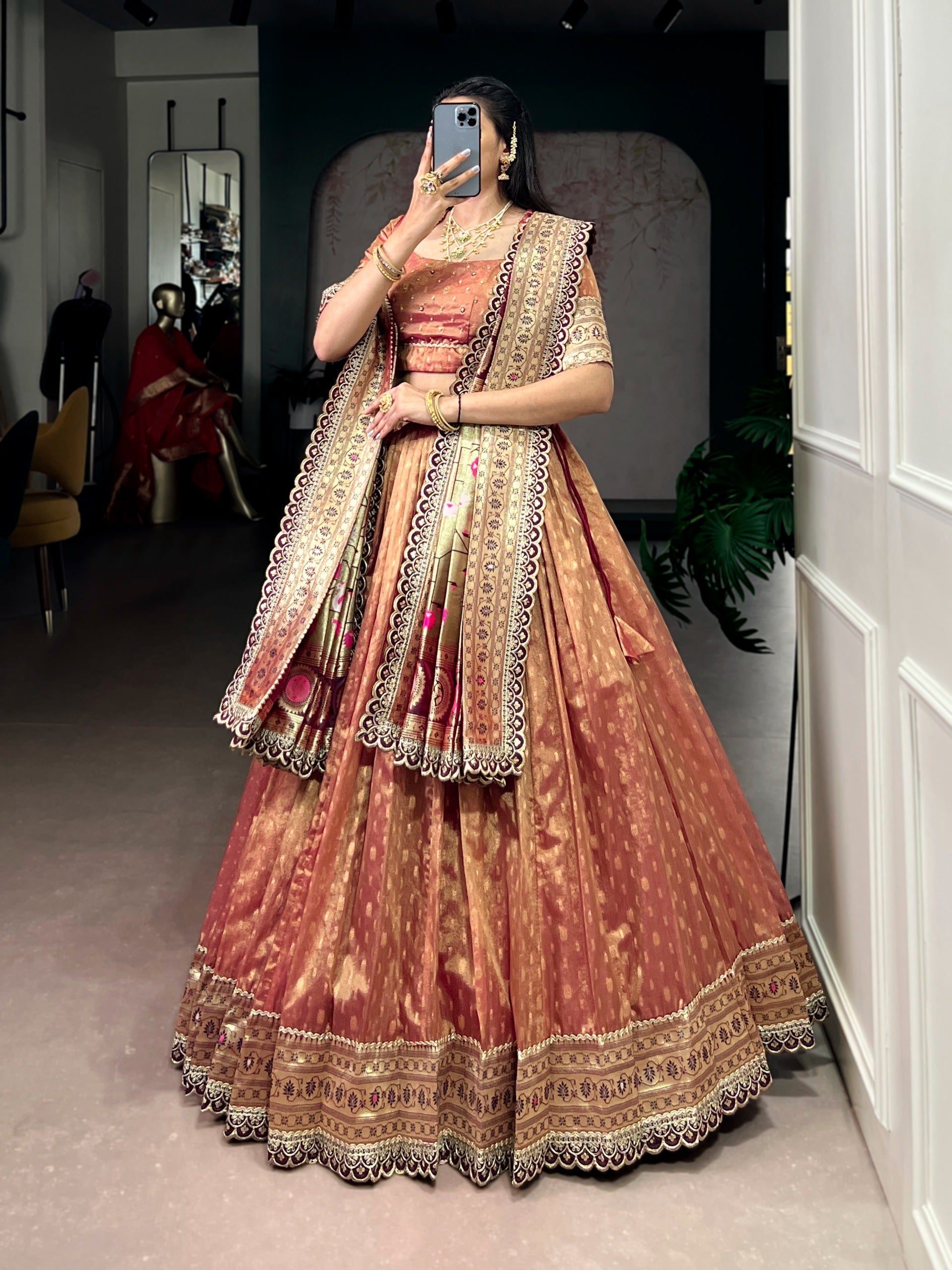 Peach Simmer Lehenga with Paithani Dupatta & Batwa
