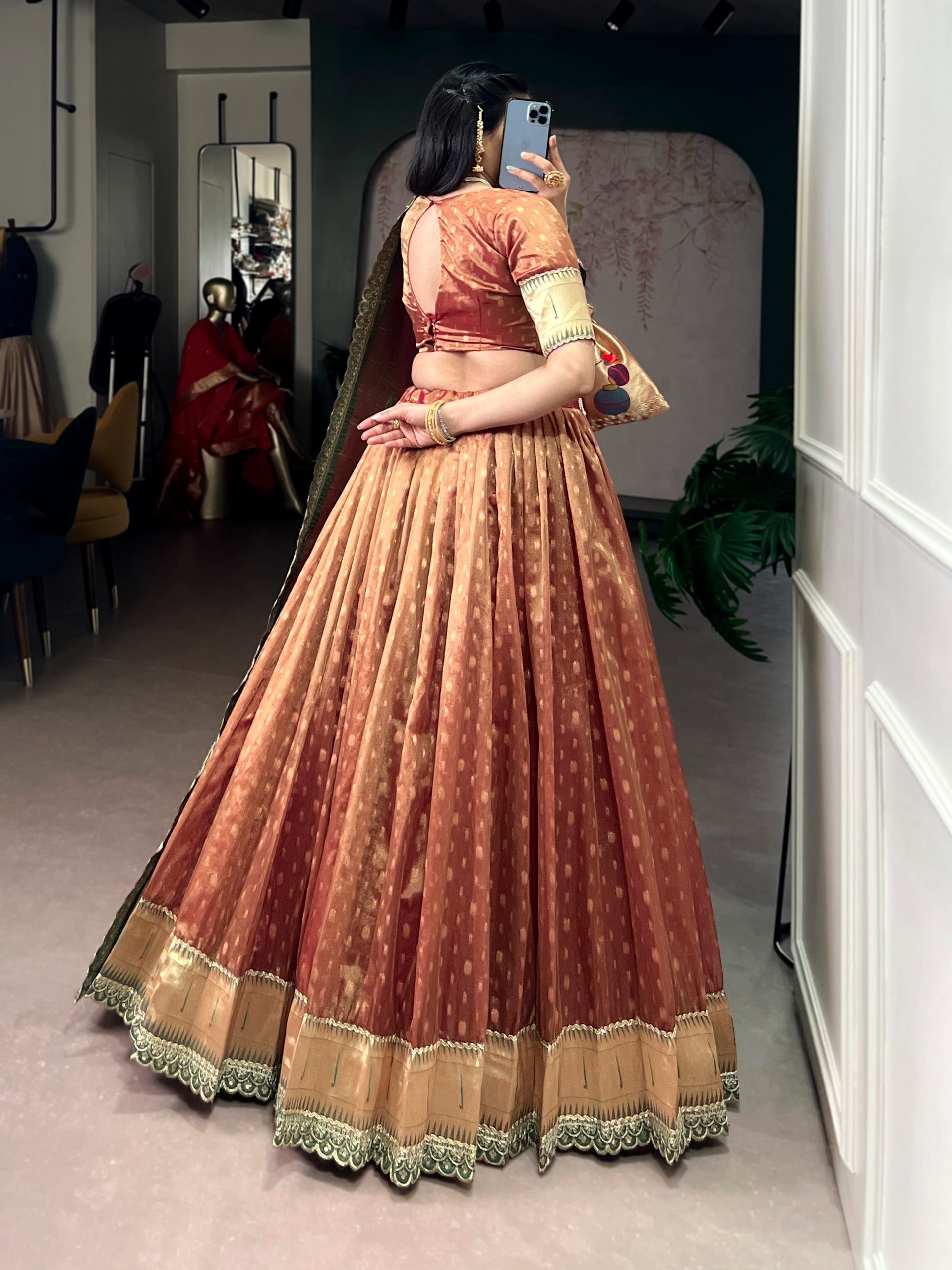 Peach Simmer Lehenga with Paithani Dupatta & Batwa