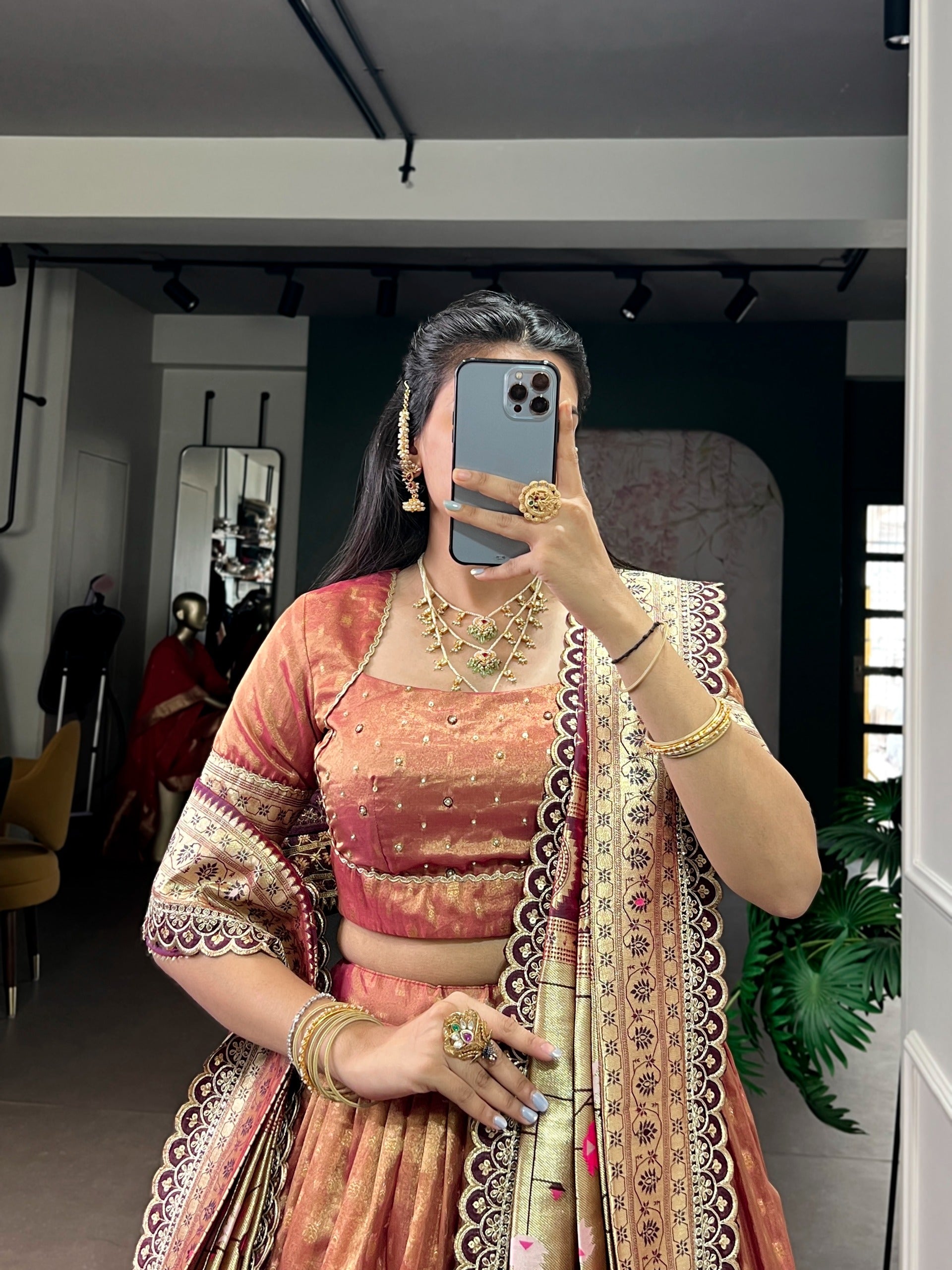 Peach Simmer Lehenga with Paithani Dupatta & Batwa