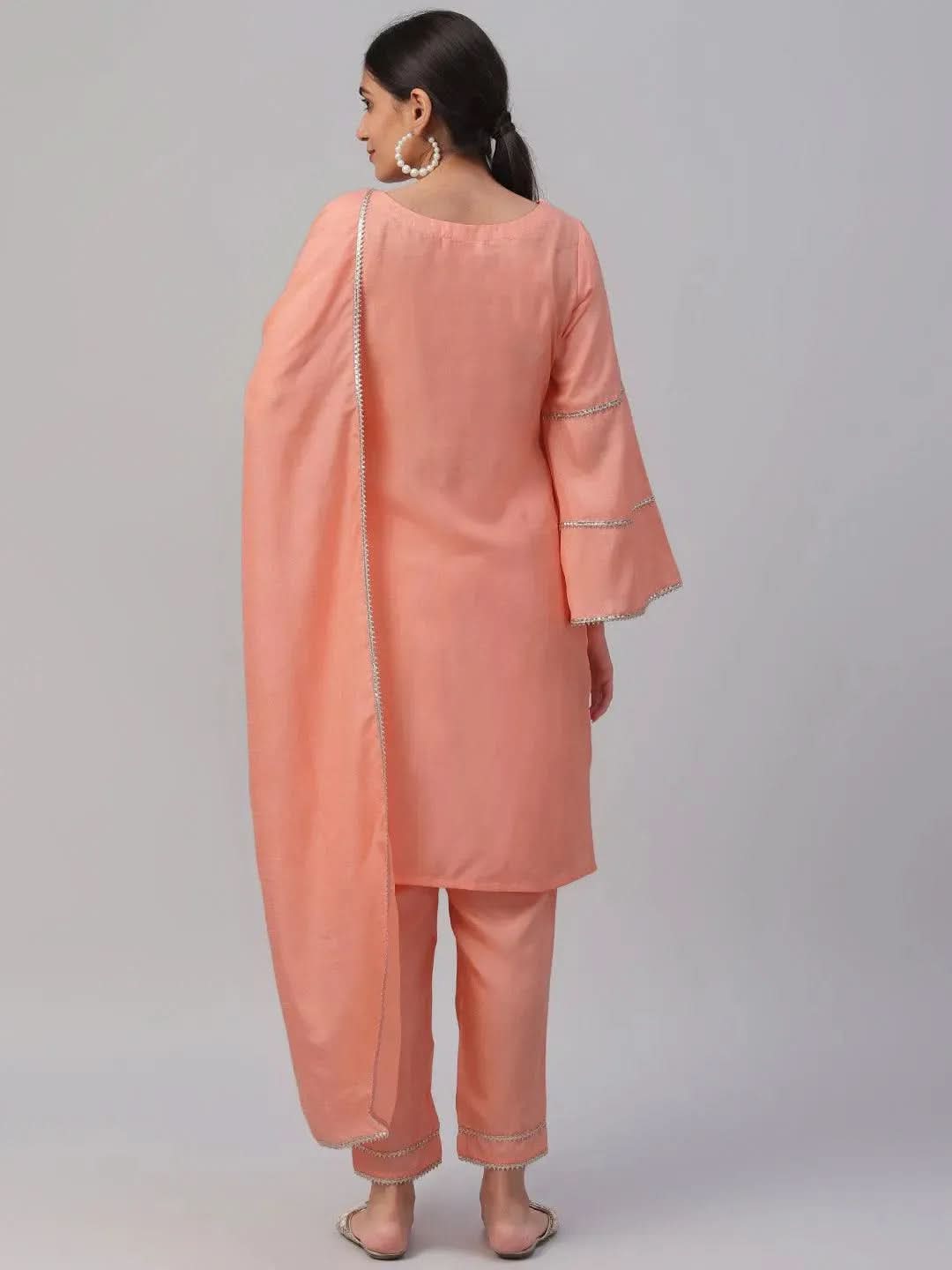 Anouk Peach Solid Polyester Straight Kurta With Dhoti Pant & Dupatta