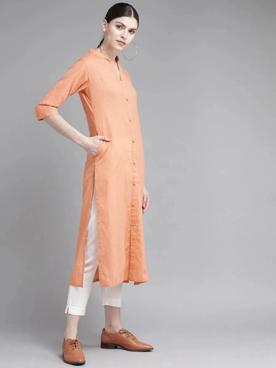 Anouk Peach Striped Cotton Kurta