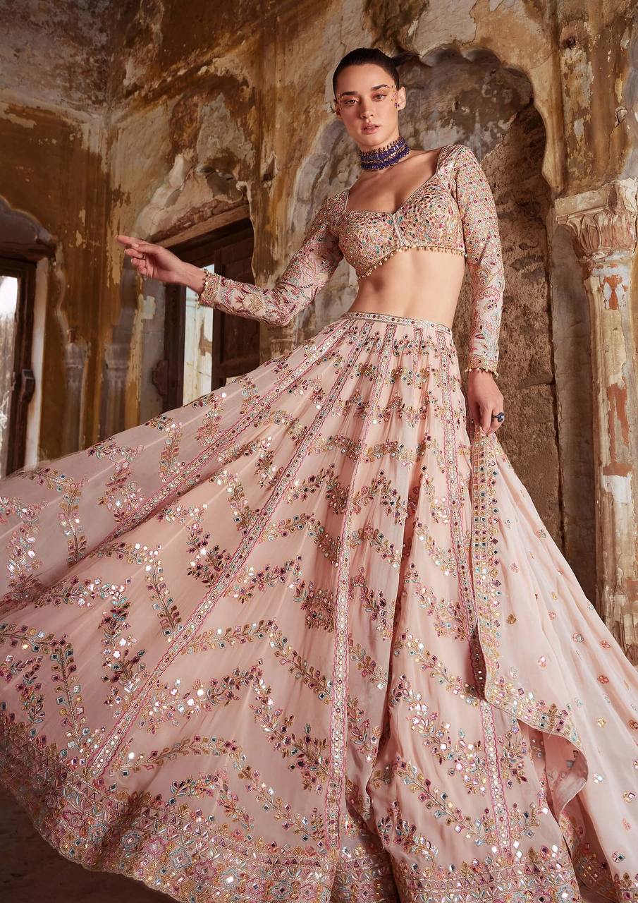Peach Wedding & Festive Glam – Stunning Faux Georgette Lehenga Set