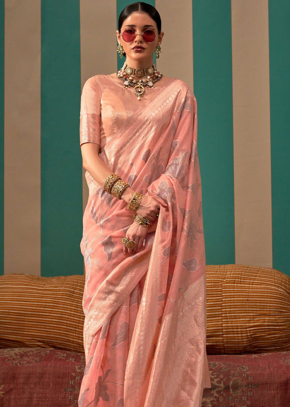 Peach Woven Cotton Silk Blend Linen Saree with Unstitched Blouse